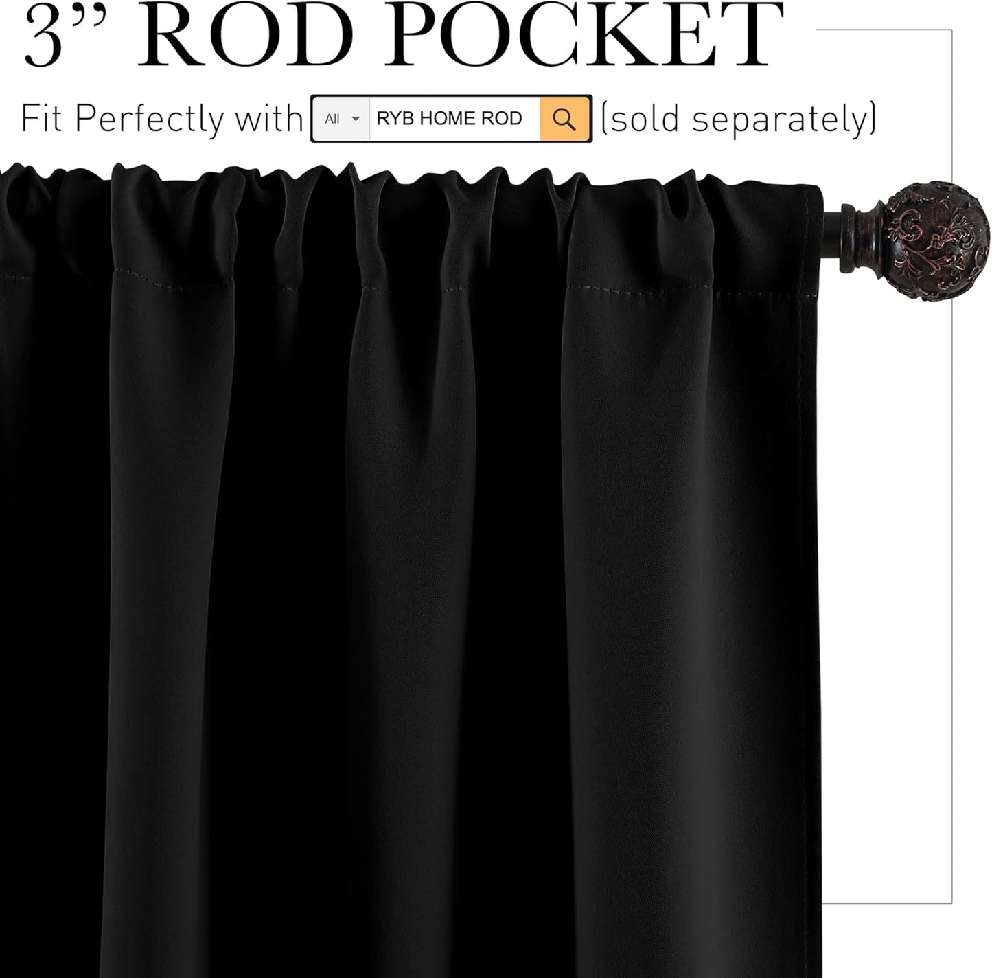 RYB HOME Blackout Curtains Black - Sunlight Block Energy Saving Drapes for Bedroom Bathroom Home Office Small Window Treatment Panels, W 29 x L 36 inch, Black, 2 Panels