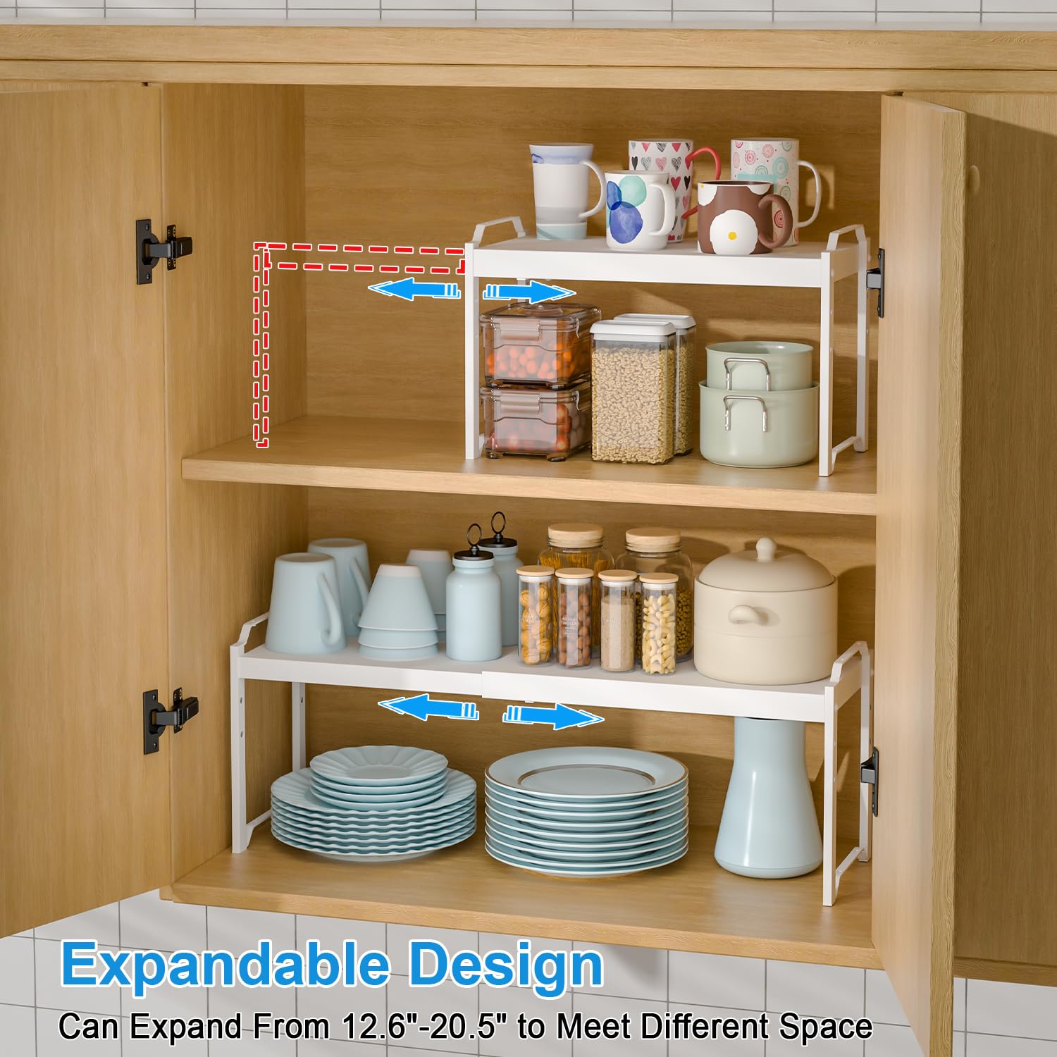 Set of 2 Expandable Kitchen Cabinet Shelves Organizers, Stackable Adjustable Small Storage Shelf