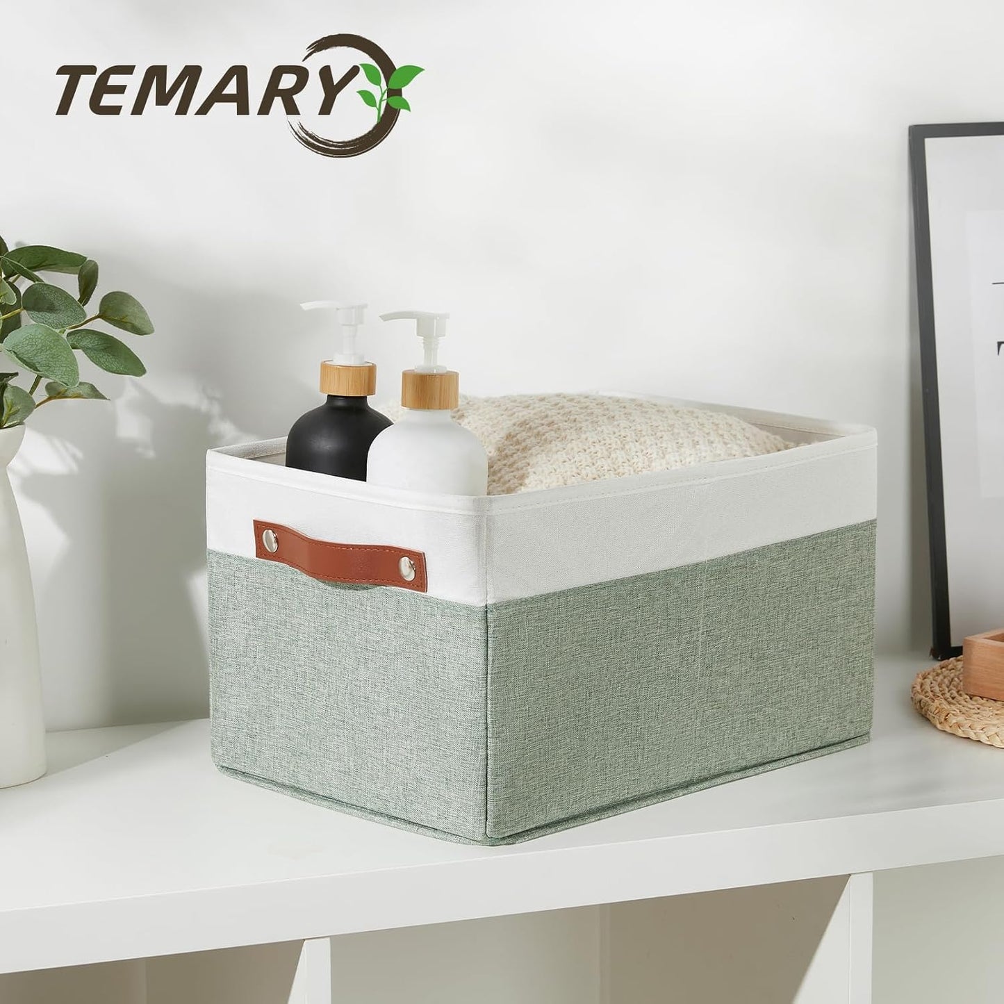 Temary Storage Bins Storage Baskets 4Pack Fabric Storage Bins for Shelves with Dual Leather Handles Canvas Storage Boxes for Organizing Home, Shelf, Closet (White&Green)