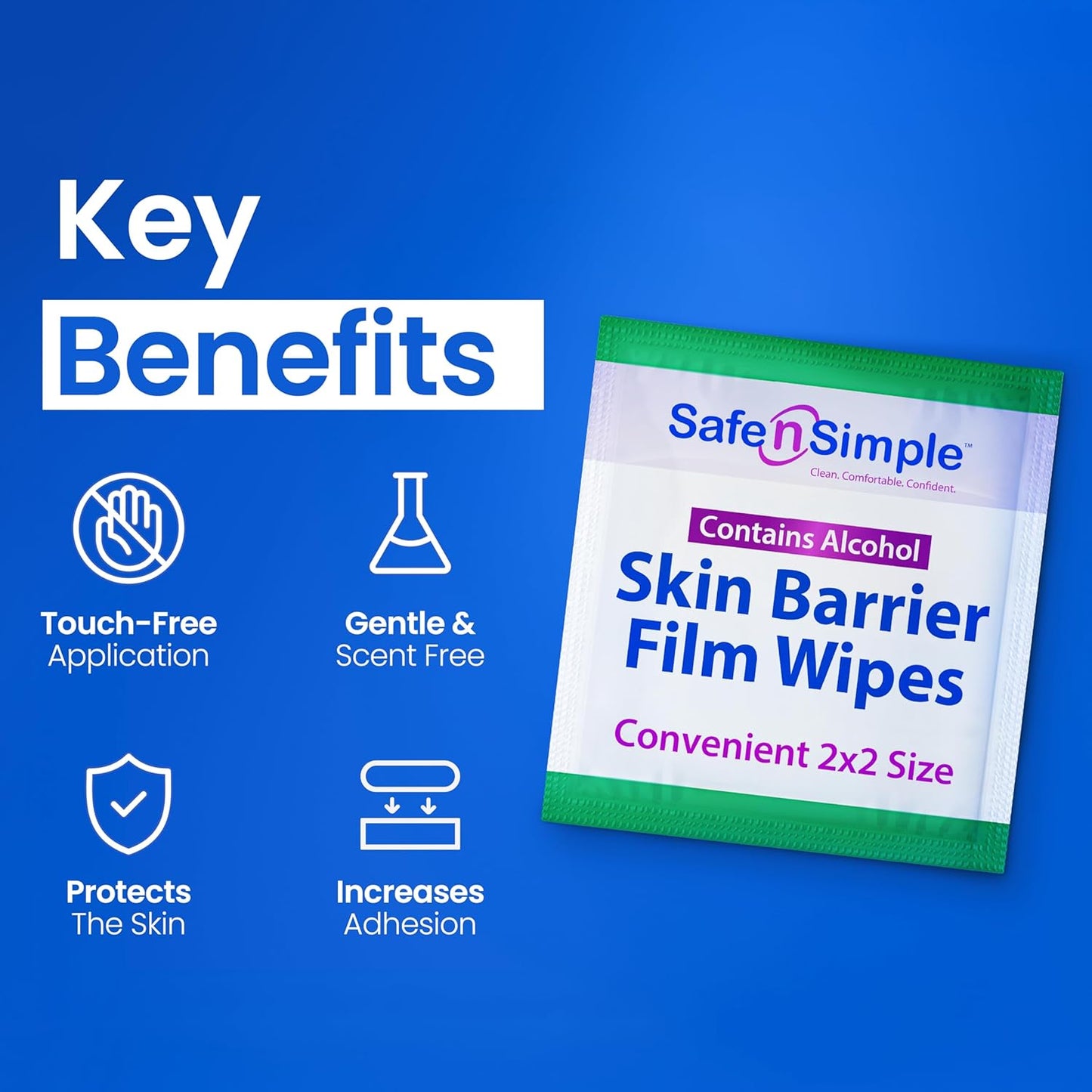 Safe n' Simple Skin Barrier Wipe with Alcohol - 50 Individually Packaged Wipes 2"x2" - Ostomy Sterile Skin Prep Pads - Skin Barrier Film Wipes for Ostomy - Alcohol Stoma Barrier Prep Pads