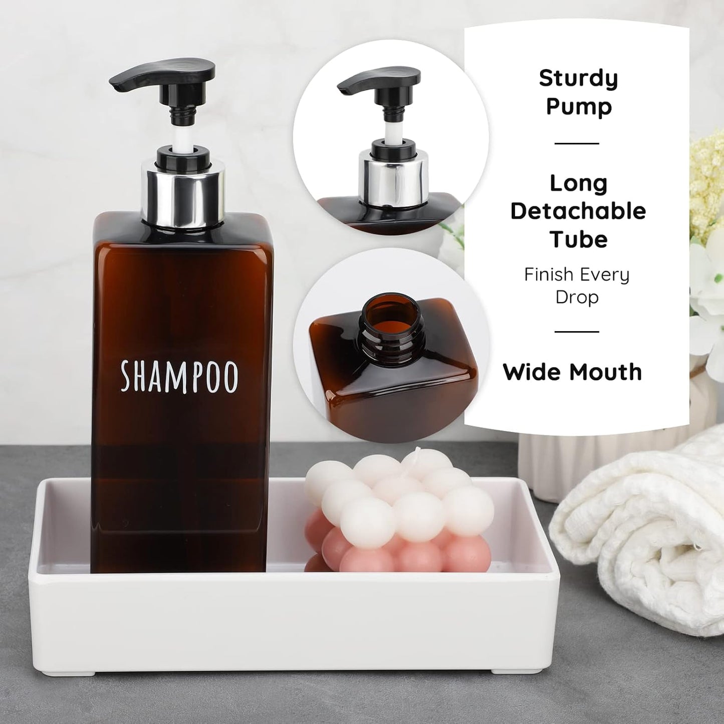 Segbeauty Shampoo and Conditioner Dispenser, 3 Packs 16.9oz Refillable Bathroom Soap Dispenser Set, 500ml Plastic Square Shower Press Pump Bottles Liquid Lotion Dispenser for Kitchen Sink Amber