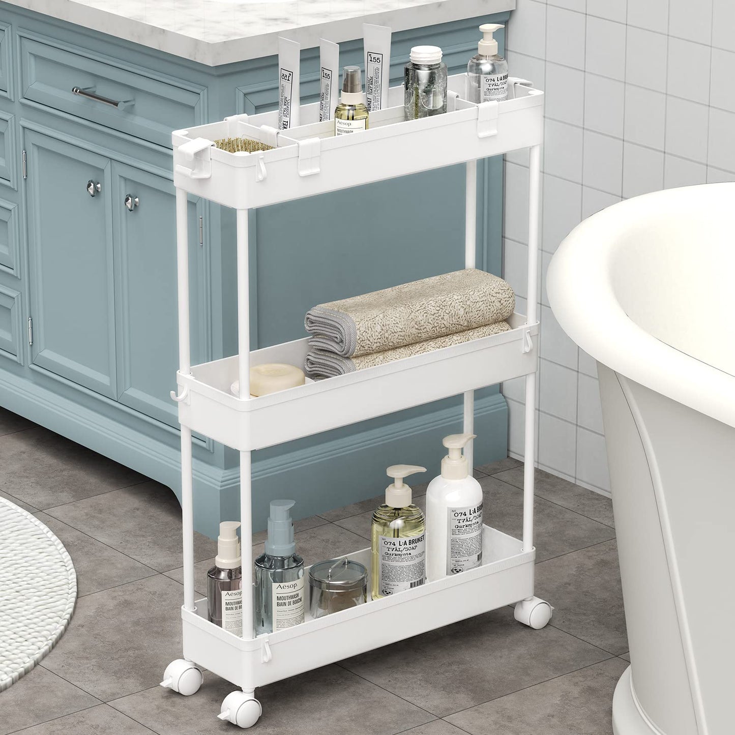 SPACELEAD Slim Storage Cart 3 Tier,Bathroom Organizer Rolling Utility, Mobile Shelving Unit Slide