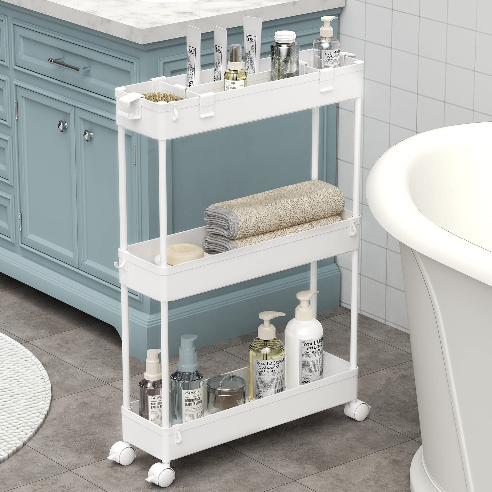 SPACELEAD Slim Storage Cart 3 Tier,Bathroom Organizer Rolling Utility, Mobile Shelving Unit Slide