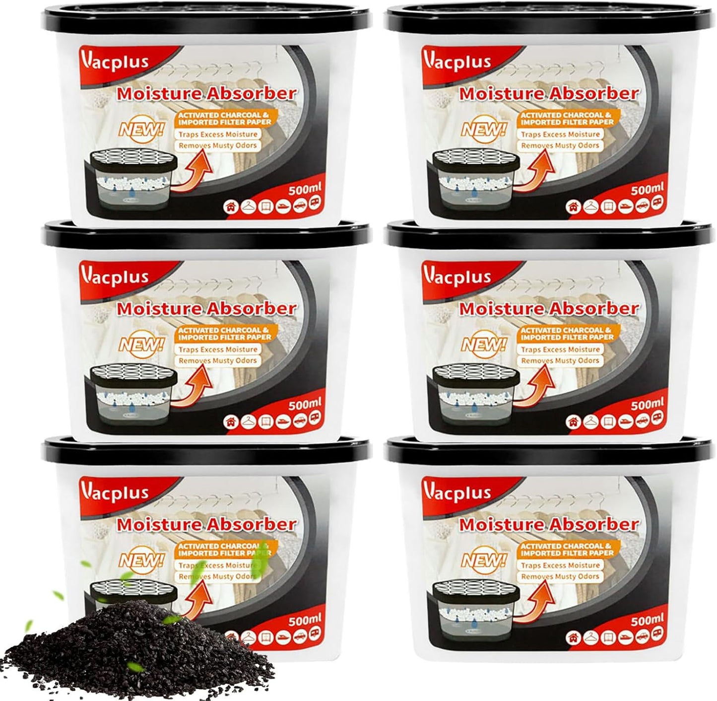 Vacplus Moisture Absorbers 6 Pack, 10.5 Oz Portable Humidity Absorber Boxes for Your Bathroom, Closet & Car, Dehumidifier with Activated Carbonfor, Black