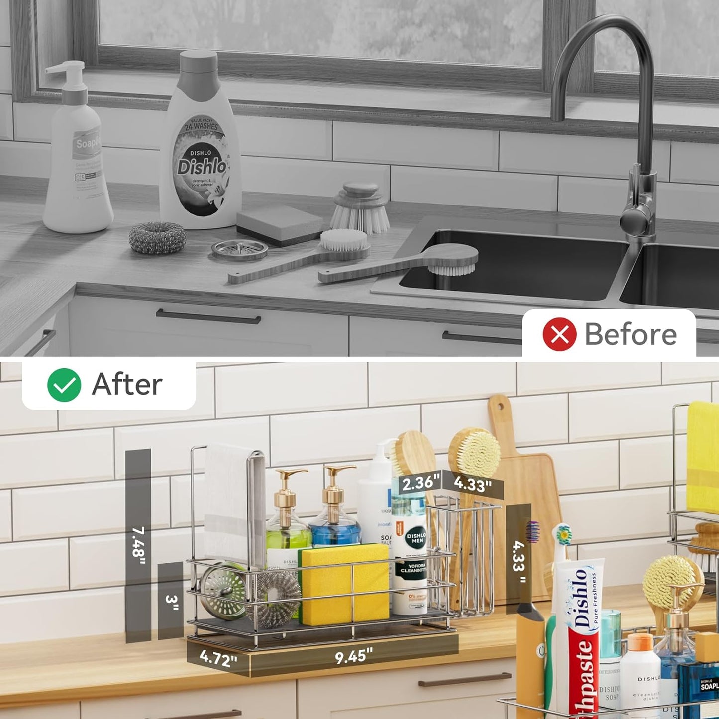 Yofidra Sponge Holder for Kitchen Organizer: Sink Caddy with Instant Drying Stone, Metal Stainless Steel, 9.4" X 4.7" X 7"4 Home Decor Storage and Organization Accessories