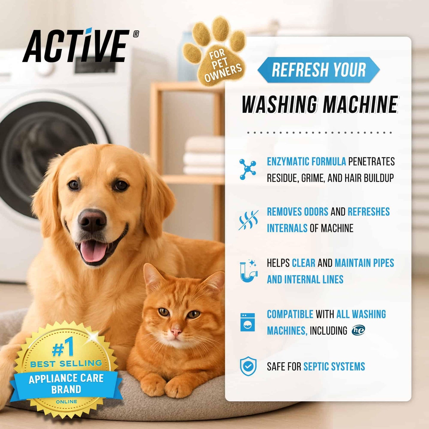ACTIVE Washing Machine Cleaner for Pet Owners Enzymatic Deep Clean Descaler for Cat & Dog Hair