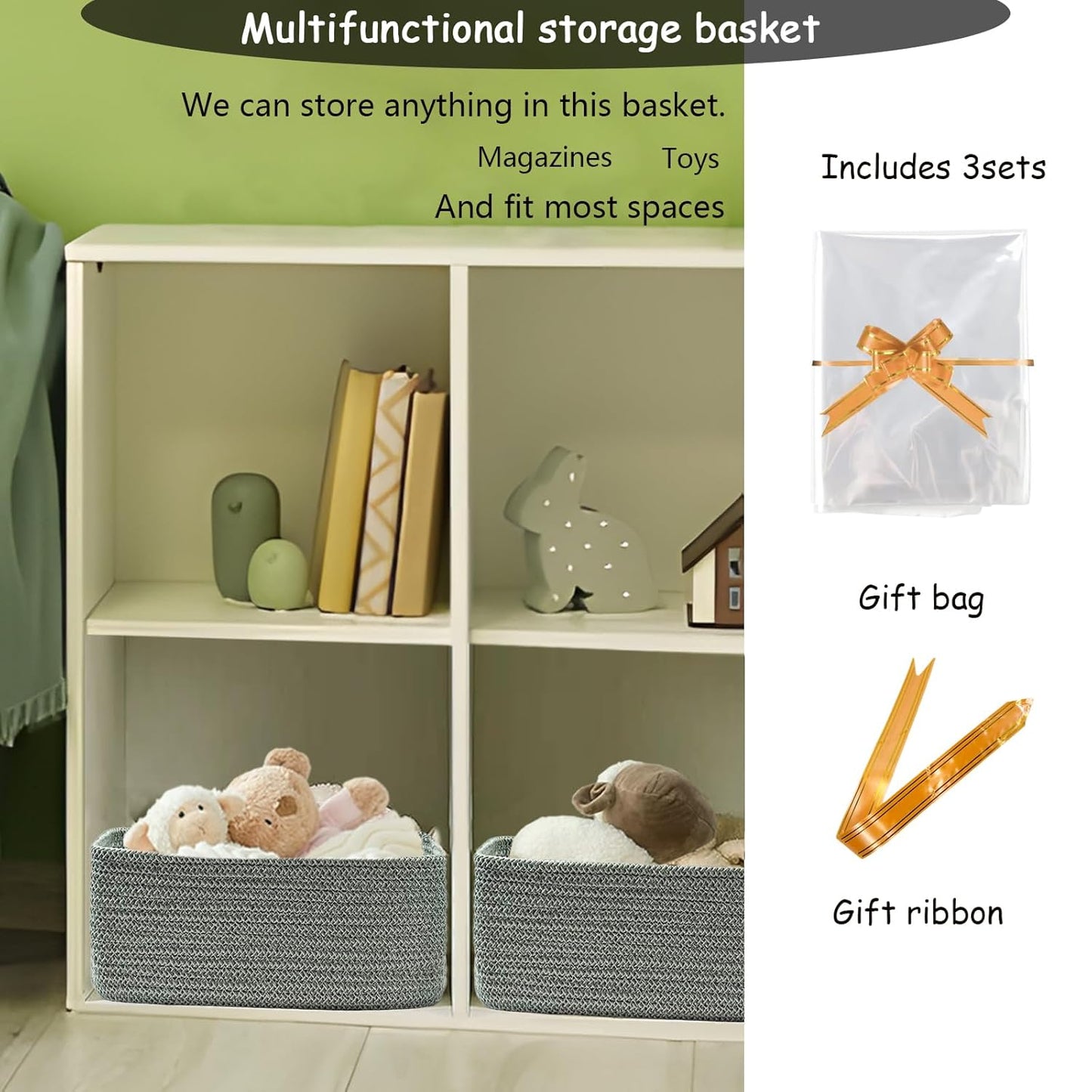 COMFY-HOMI 11.5"x7.5"x4.7" Storage Baskets for Organizing | Cotton Rope Woven Basket | Toy Storage Bin Box | Basket for Shelves, Closet Organizer Bin, Decorative Closet Shelf, 3 Pack, Green