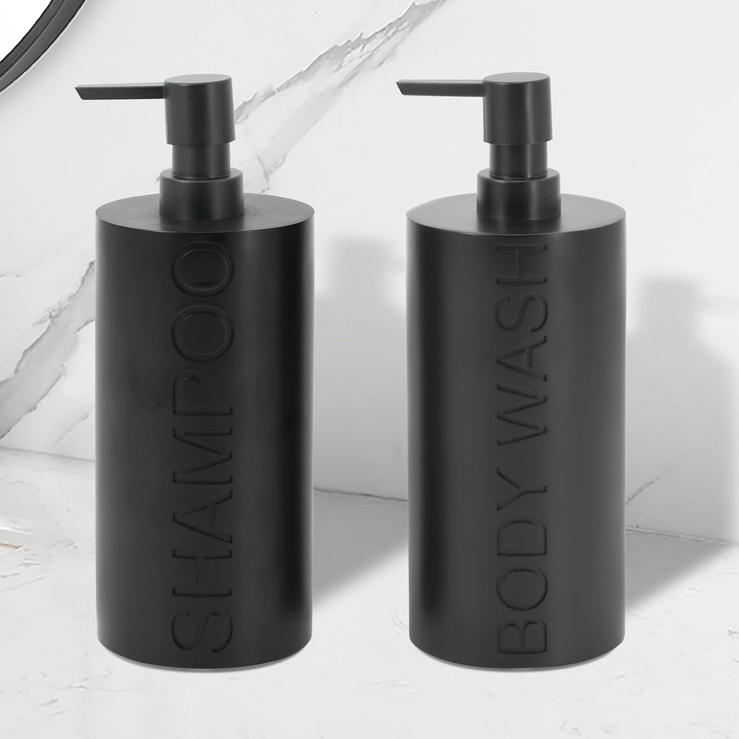Matte Black Resin 2 Piece Shampoo and Body Wash Dispenser Set, Luxurious Refillable Pump Bottles with Matte Pump Top and Embossed Text, Durable Design for Bathroom and Shower