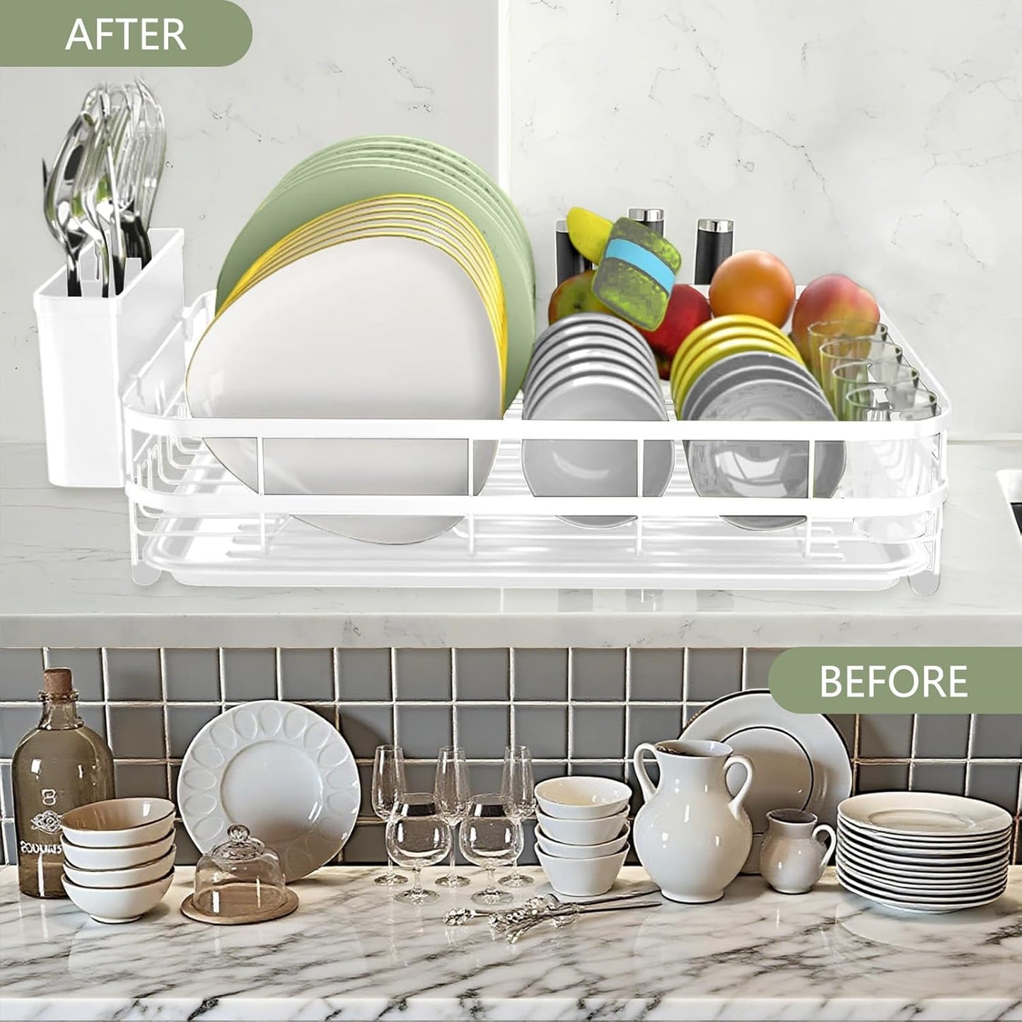 Dish Drying Rack Stainless Steel Drying Racks for Kitchen Counter Large Capacity Storage Racks with Drainboard Curlery Holder White