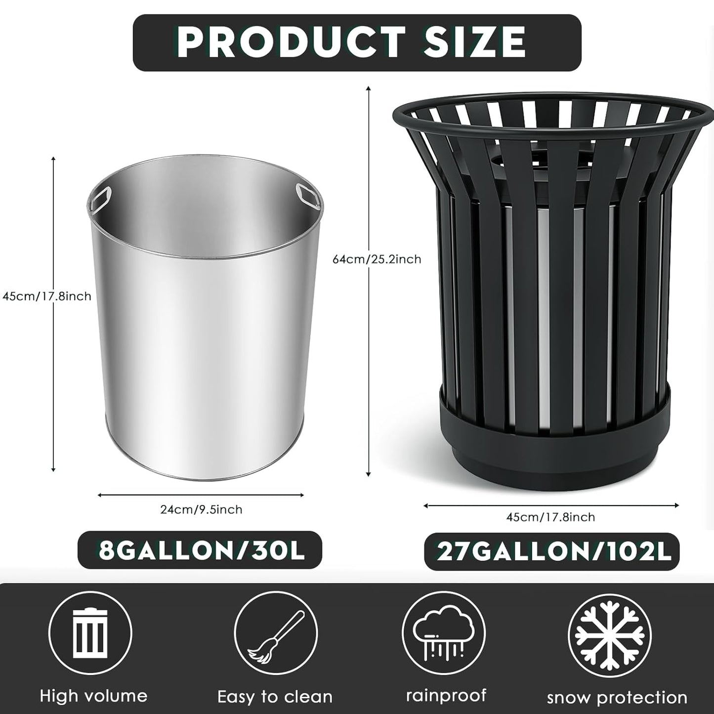 8Gallon Round Large Outdoor Trash Can, Heavy Duty Metal Slatted Garbage Can Outdoor, All Weather Resistant Commercial Garbage Cans, Waste Receptacle in Park, School, Beach, Patio (Black, Medium)