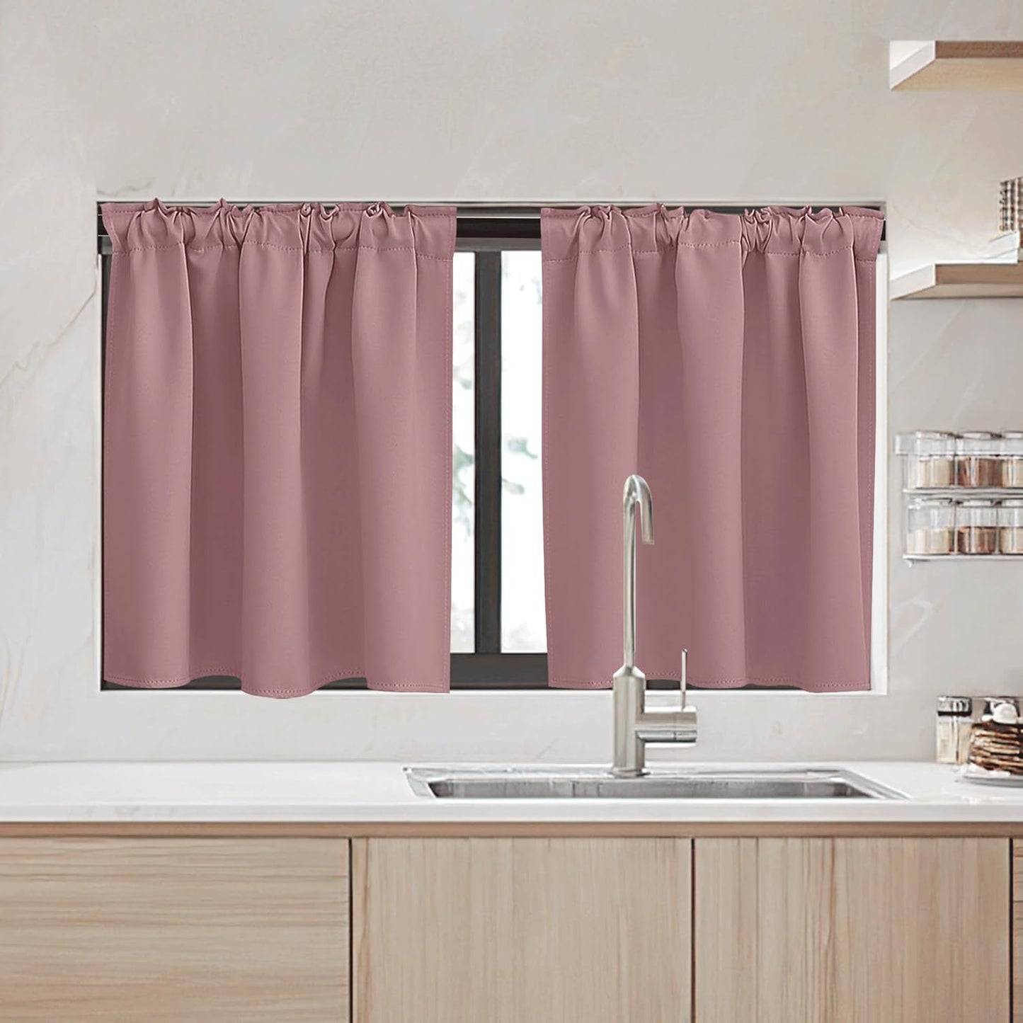 RYB HOME Kitchen Window Curtains - Blackout Privacy Half Window Curtains for Bedroom Bathroom Dining Living Room Cafe Office Short Tiers Drapes, W 34 x L 36 inches, 2 Panels, Wild Rose