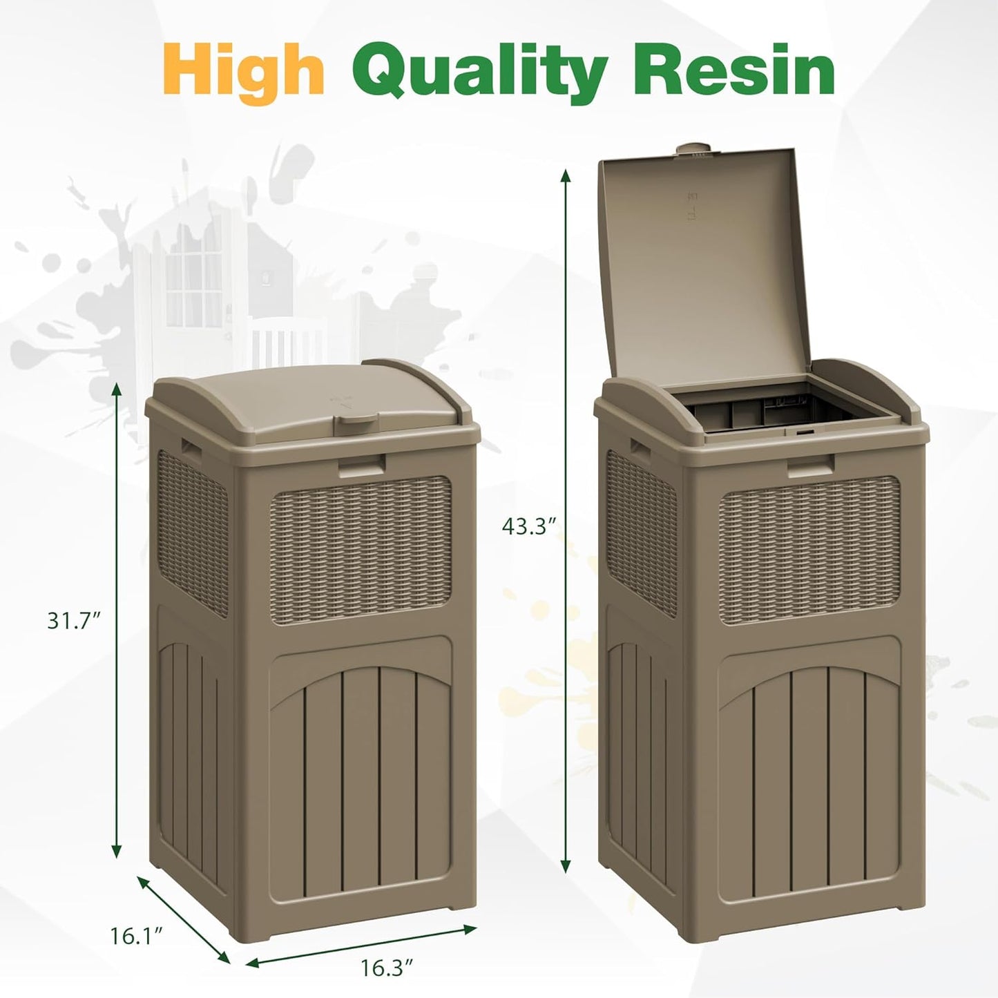Flamaker 30 Gallon Trash Can, Resin Outdoor Garbage Can with Lid, Waterproof Hideaway Patio Waste Bins for Outside Use (2 Pack, Brown)