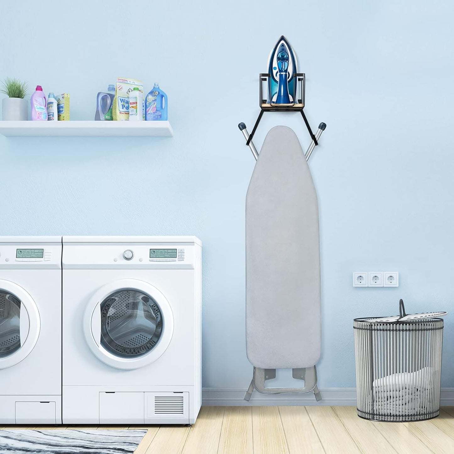 TJ.MOREE Wall Mount/Over The Door Ironing Board Holder with Large Storage Basket, Laundry Room Iron and Ironing Board Holder Storage Holder Black Middle