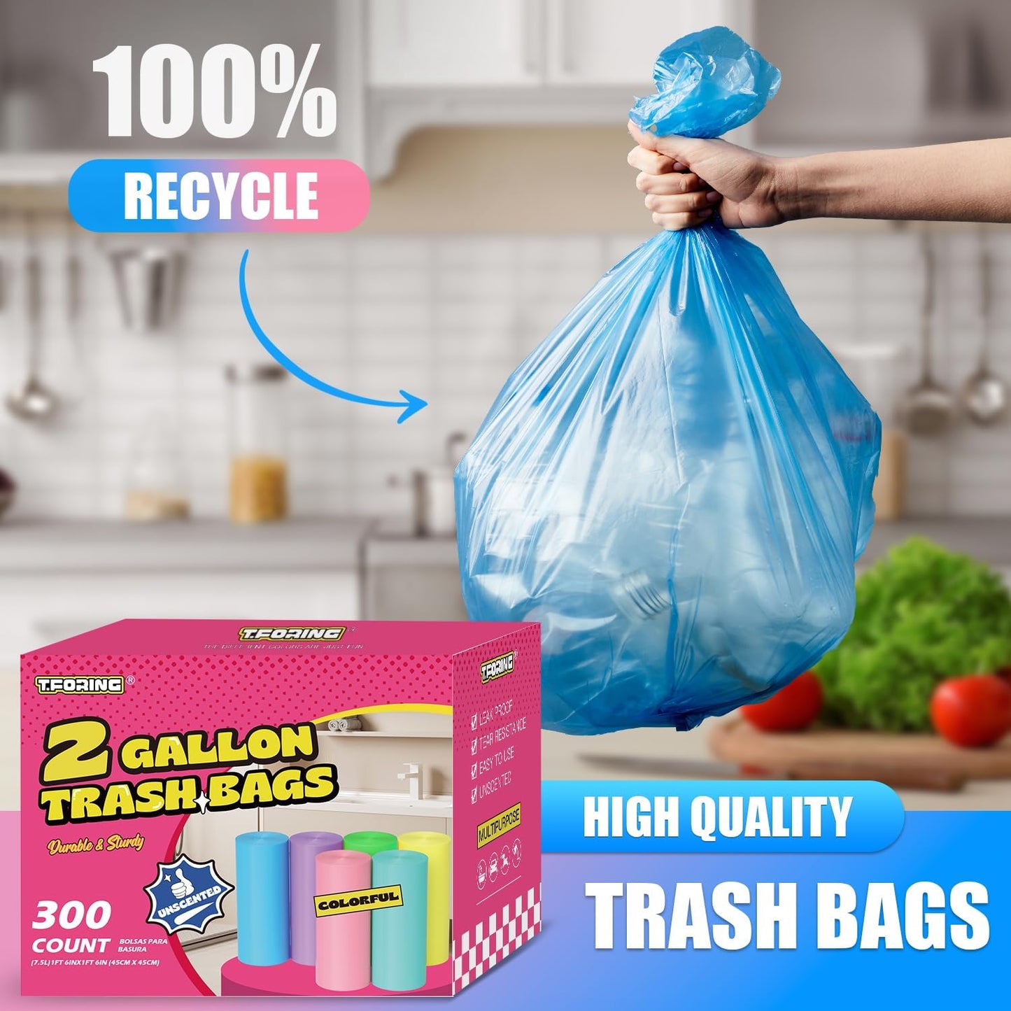 300 Count 3 Gallon Trash Bags - 12 Liter Colored Small Garbage Bags Unscented Wastebasket Liners Heavy Duty & Leakproof Mini Can Liners for Bathroom Toilet Home Office
