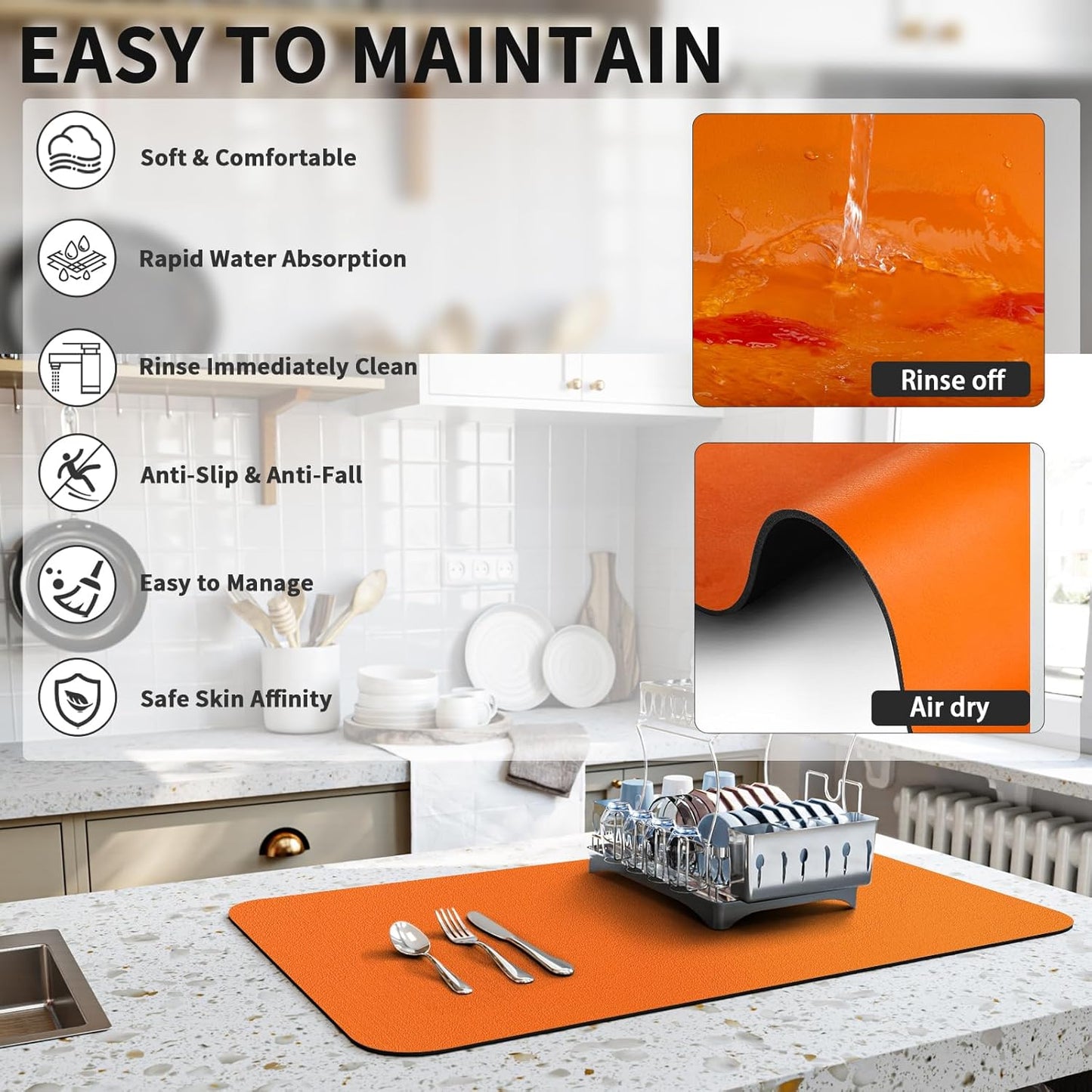 Dish Drying Mat for Kitchen Counter, Heat Resistant Drainer Mats with Non-slip Rubber Backed, Hide Stain Kitchen Super Absorbent Draining Mat, Easy to Clean Dish Rack Pad, Orange 16"x20"