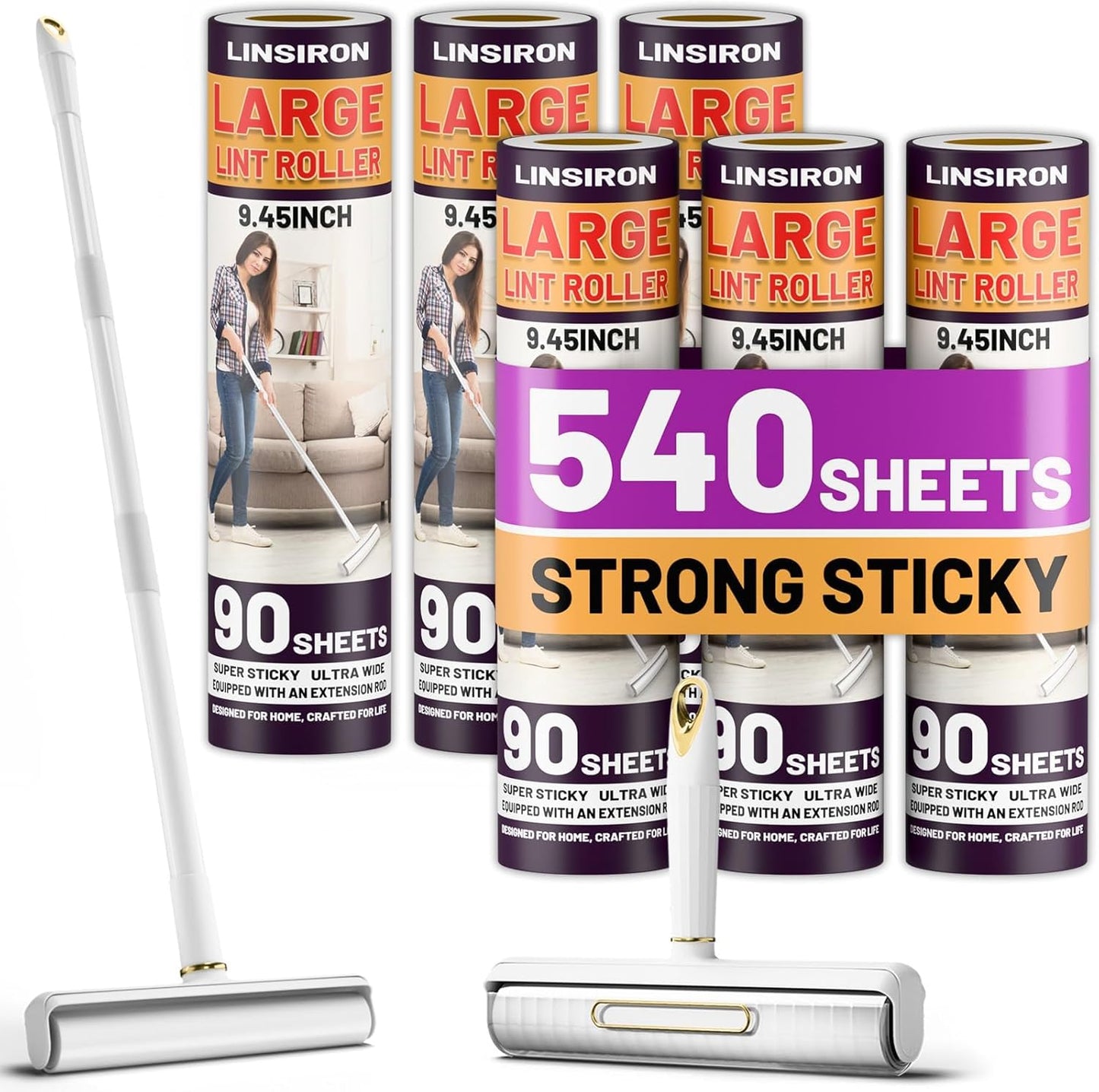 Large Lint Roller Pet Hair Remover 540 Adhesive Sheets Rollers 9.45 Extra Sticky Dog Cat Adjustable Handle 7.9-47.6 Inch, 6 Replaceable Rolls 90 Sheets Each, 3 Extension Rods for 4 Heights