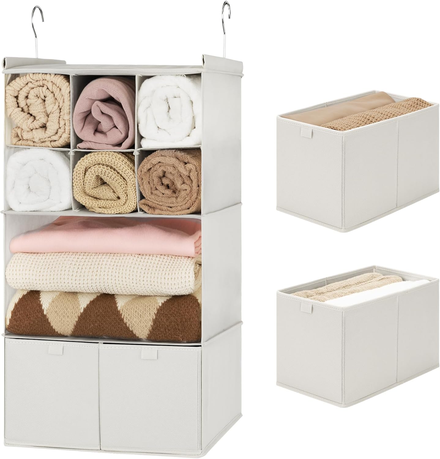 GRANNY SAYS Hanging Closet Organizer with Drawers, 4 Shelf Dividers Closet Hanging Organizer, Foldable Hanging Shelves for Clothes Organizer, Small Closet Organizers and Storage, Beige