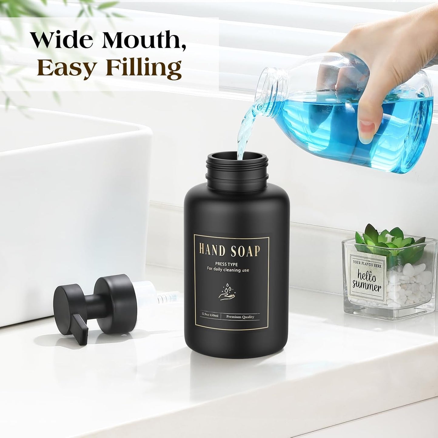Luxspire Foaming Soap Dispenser, Glass Foam Pump Soap Dispenser, Non-Slip Hand Soap Dispenser with 5 Waterproof Labels, 15 Oz Refillable Liquid Soap Dispenser for Bathroom & Kitchen, Black, 1 Pack
