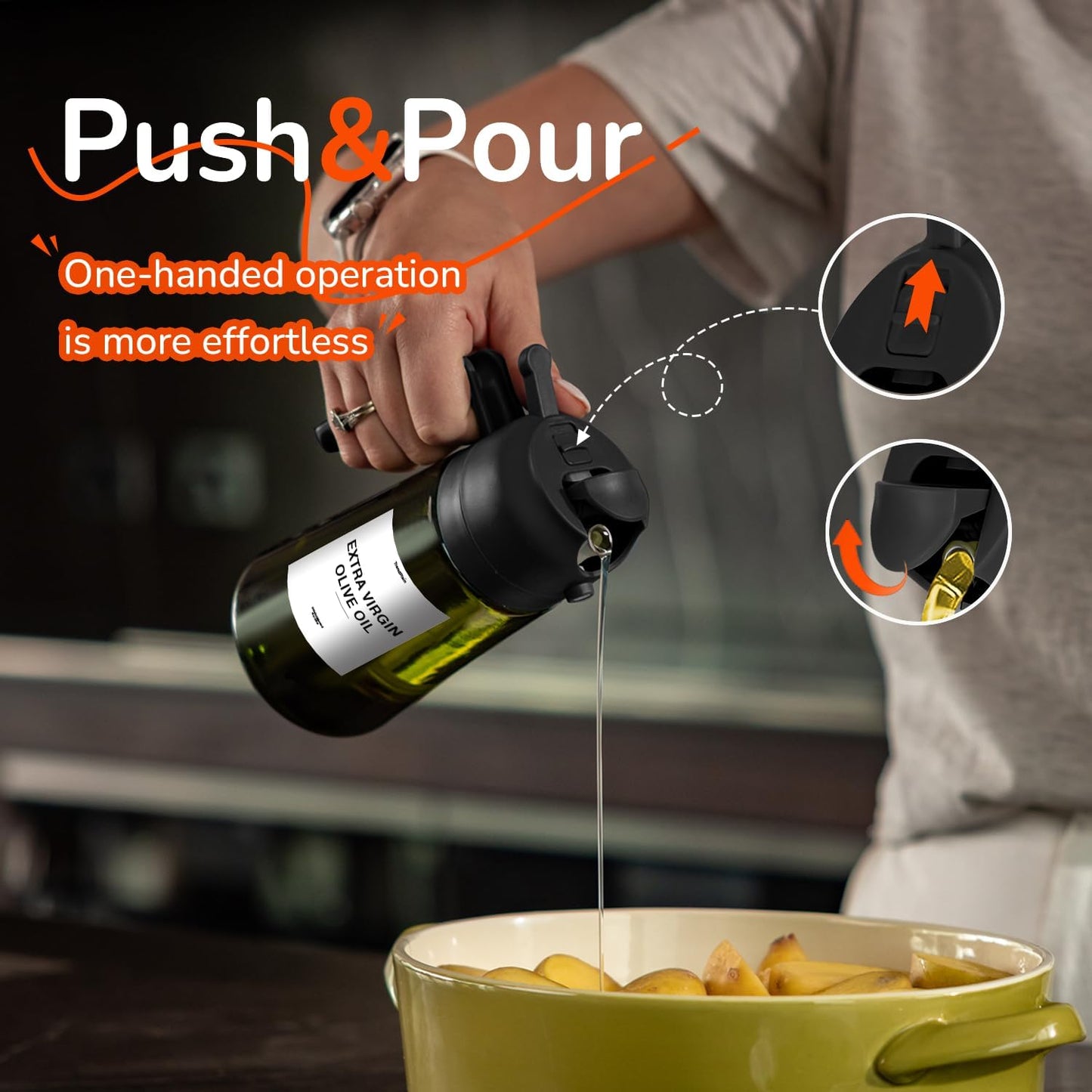 TrendPlain - Original 16oz/470ml Olive Oil Dispenser Bottle for Kitchen Gadgets and Air Fryer Accessories - Olive Oil Sprayer for Cooking w/Stickers - Black&Green