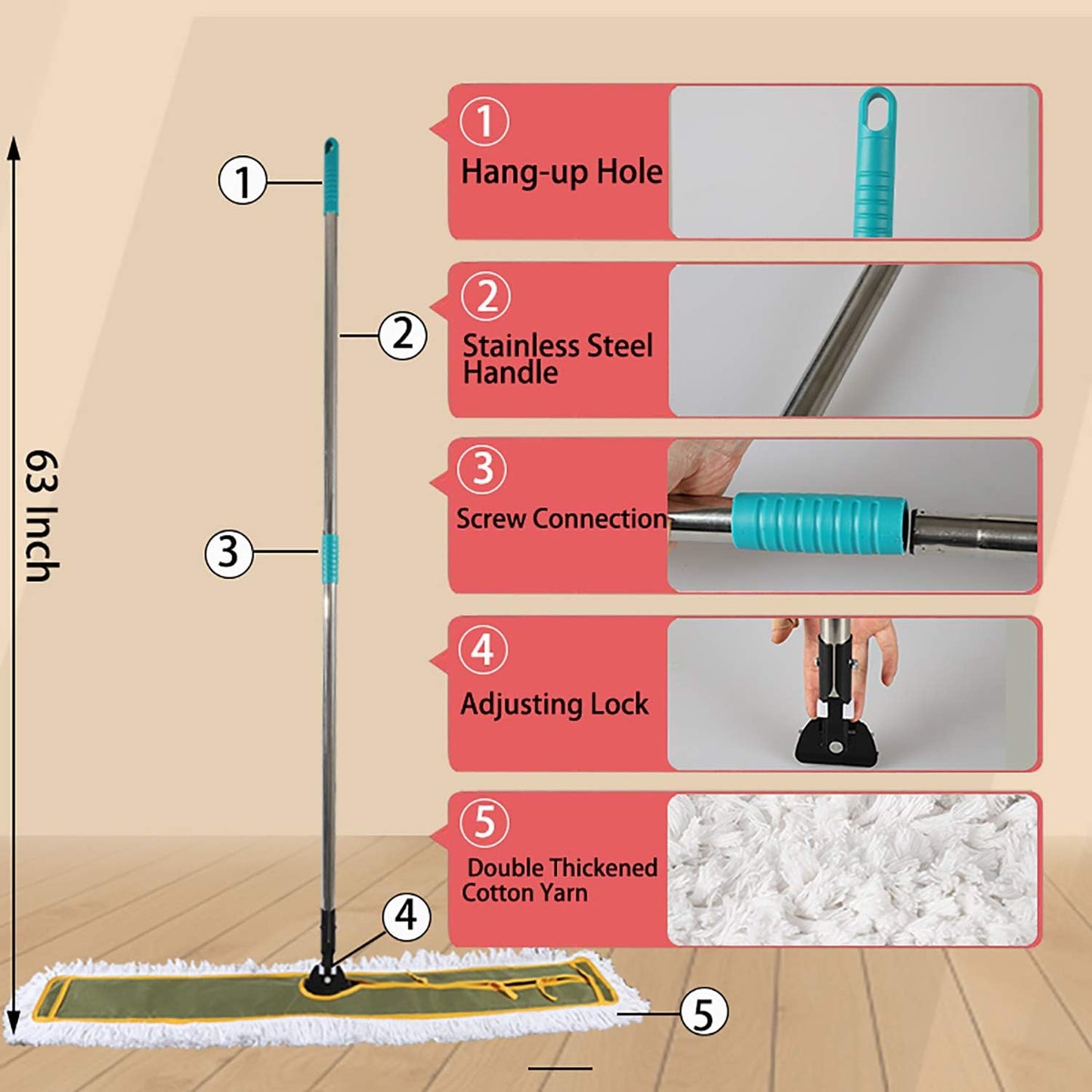 OFO 43inch Industrial Commercial Dust Mop 2 Sets // Heavy Duty Dust Mop // 63inch Length Stainless Steel Handle //Easily Clean Large Area Factory,Shopping Mall,Garage
