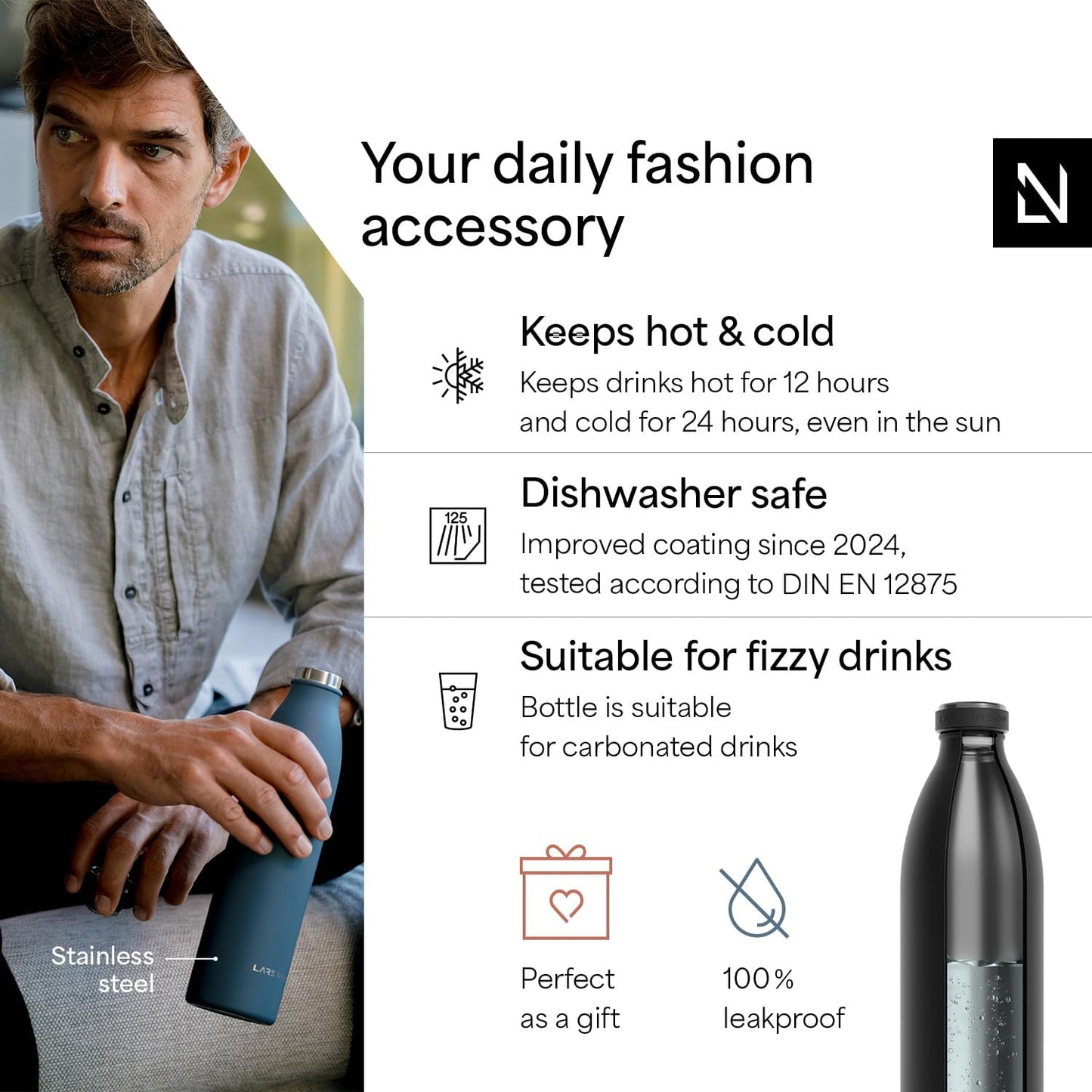 LARS NYSØM Stainless Steel Insulated XL Water Bottle 12oz 17oz 25oz 34oz 51oz | Insulated Thermo Flask for Hot and Cold Beverages | Leakproof Drinking Bottle (Carbon Black, XL 50.7oz)