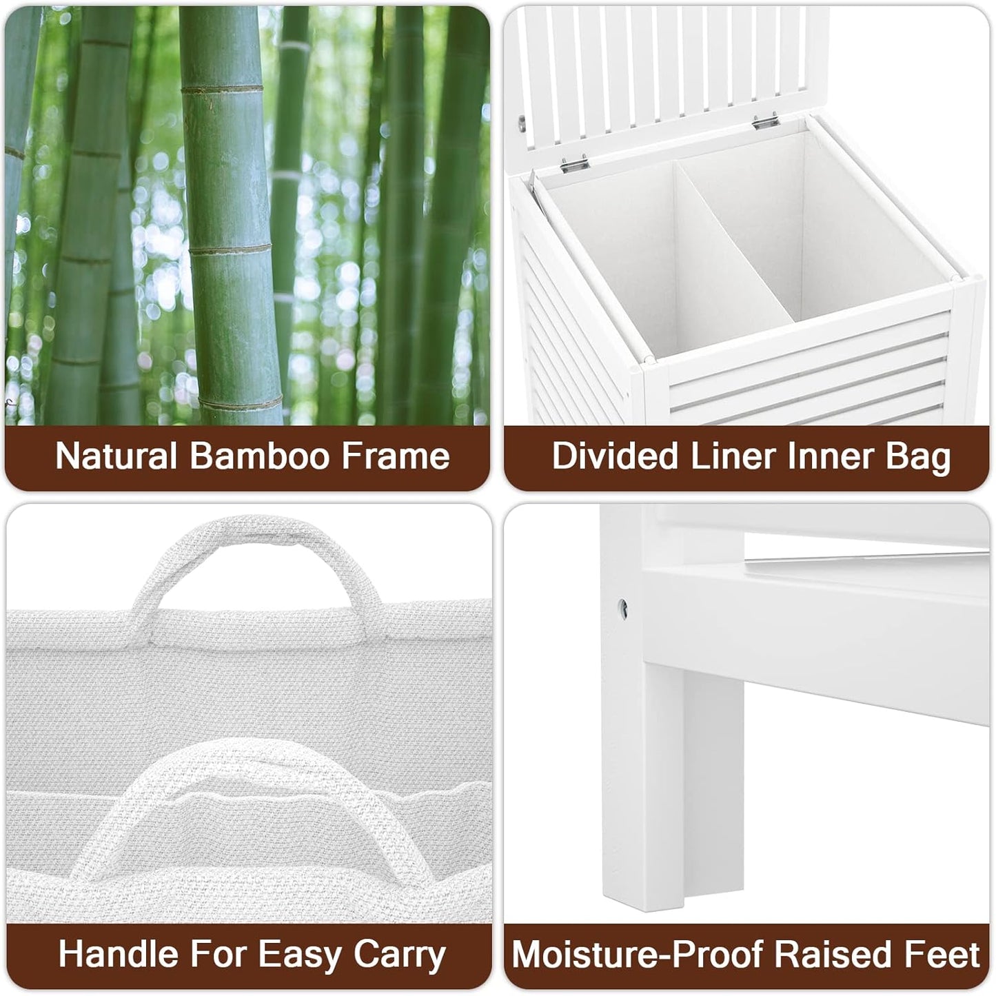Homykic Bamboo Laundry Hamper with Lid, 120L Large Clothes Laundry Sorter with Removable 2-Section Liner Bag, Raised Laundry Basket Organizer for Clothing, Bathroom, Bedroom, Laundry Room, White