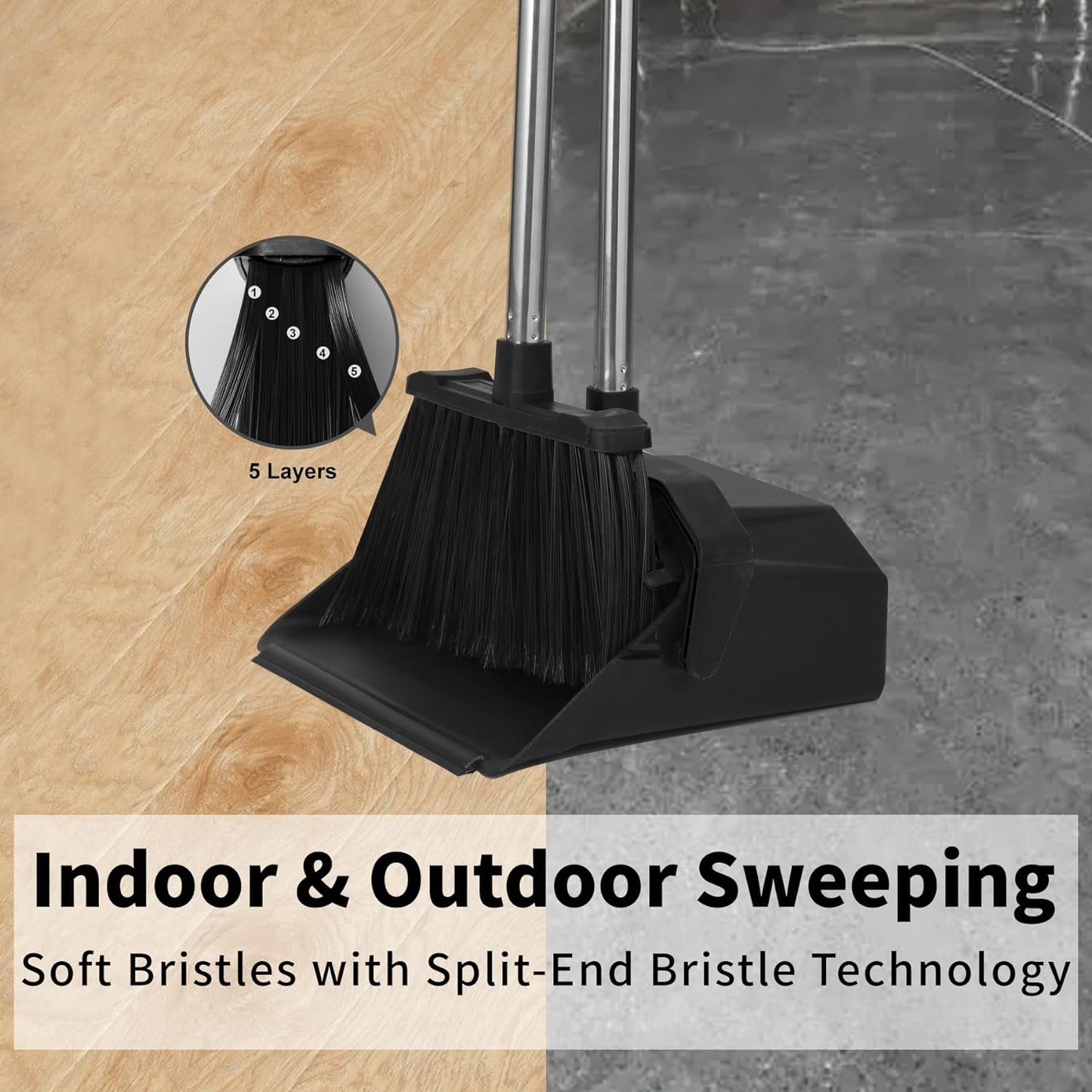 Commercial Broom and Dustpan Set, 3-Pack Broom with Dustpan Combo Set, Industrial Brooms and Dustpans Sets 51 inch Long Handle, Large Brooms and Dust Pan for Hall Lobby Office Garage - Black