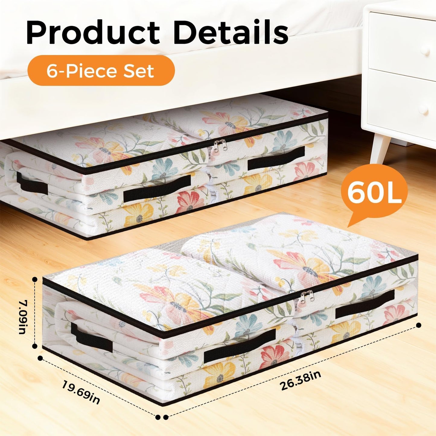 6 Pack Under Bed Storage Bags, 60L Foldable Clear Containers with Handles