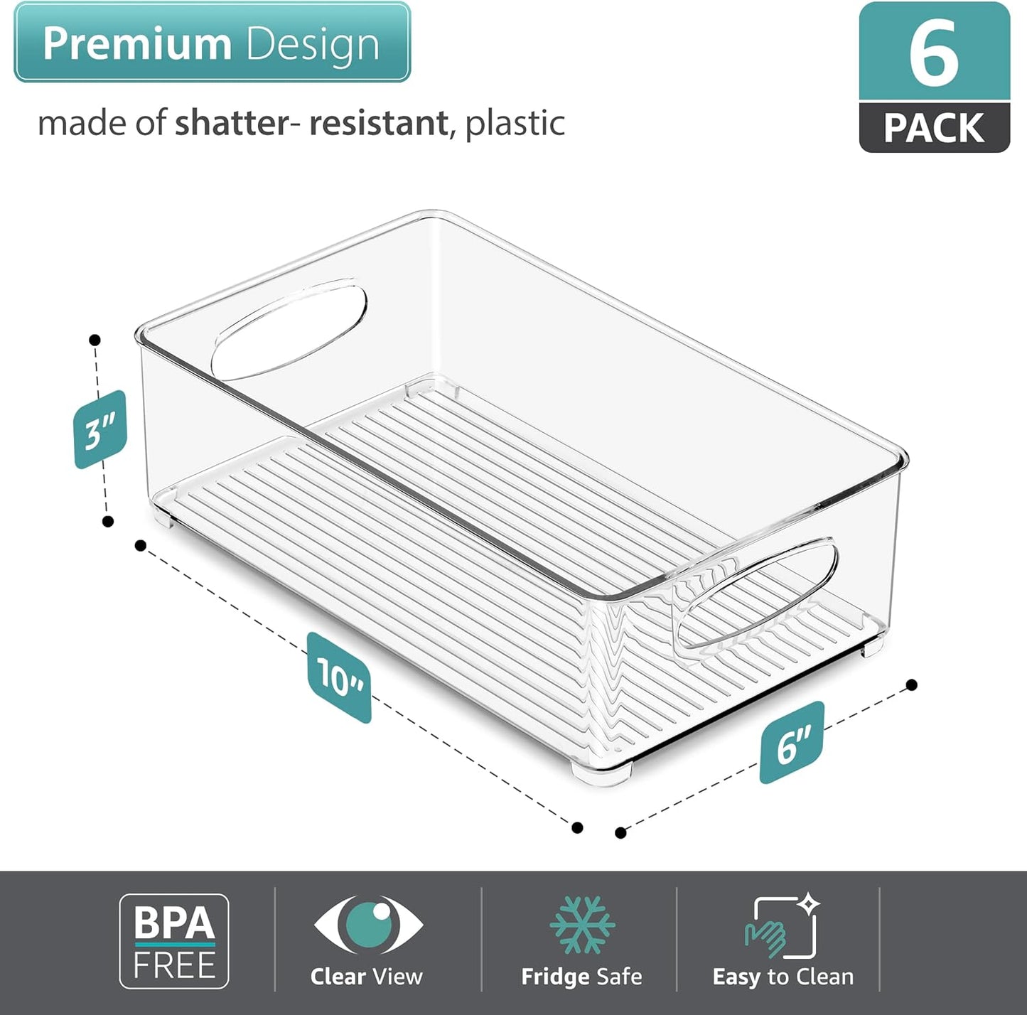 Sorbus Stackable Refrigerator Organizer Bins - Clear Storage Bins for Kitchen Pantry, Freezer & Fridge Organization - Food Organizing Plastic Containers with Handles for Countertops & Drawers (6 Pack)