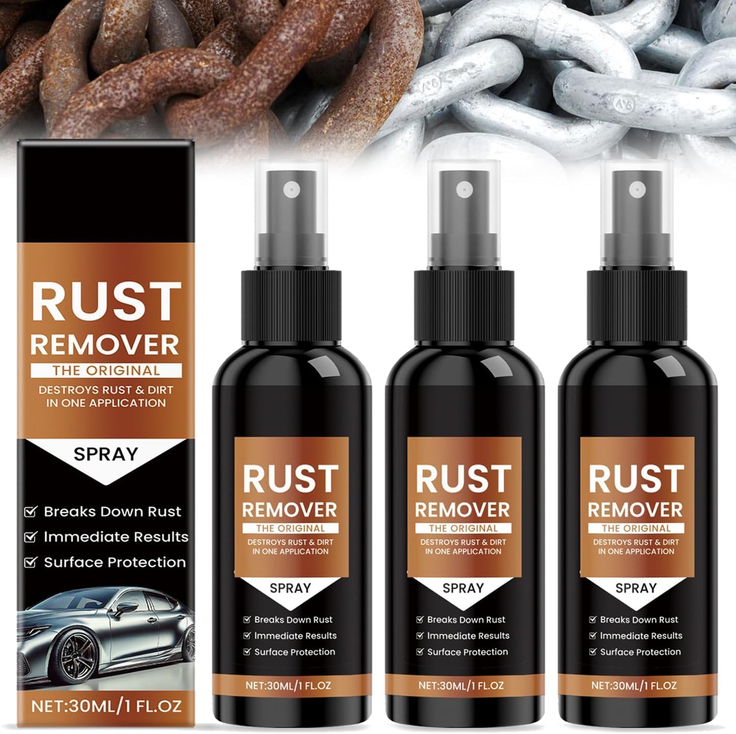 3 Pcs Nexa Rust Remover Spray, 2025 Upgrade Rust Remover for Metal, Car Scratch Remover, Iron Stain Cleaner for Multiple Surfaces,for Heavy Duty Rust Dissolver for Metal, Tools, Cars, Chains