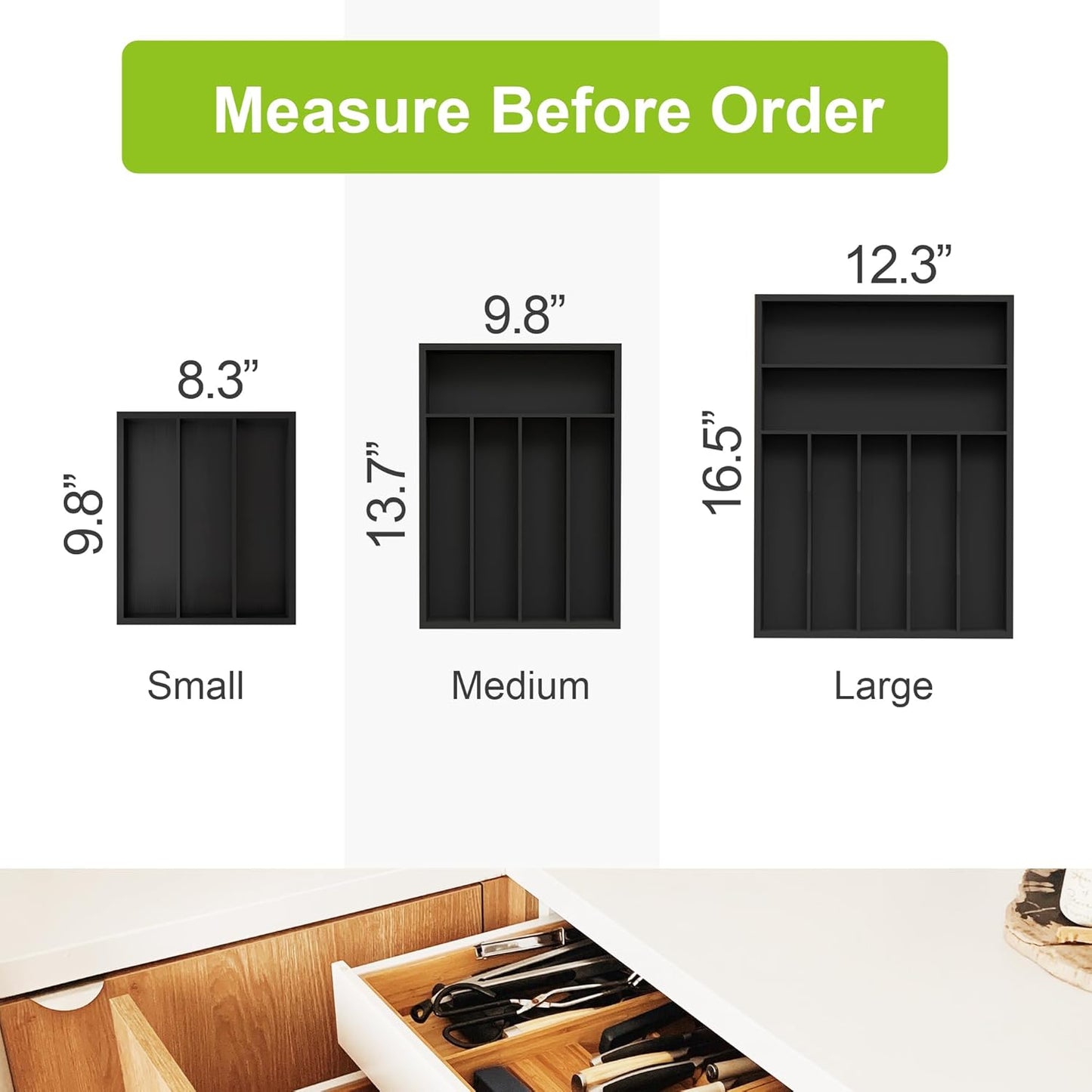 Bamboo Kitchen Drawer Organizer - silverware organizer - Cutlery Tray - Utensil Tray - drawer dividers and Utensil Holder with Wood Silverware Holder for Flatware Cutlery (5 Slots, Black)