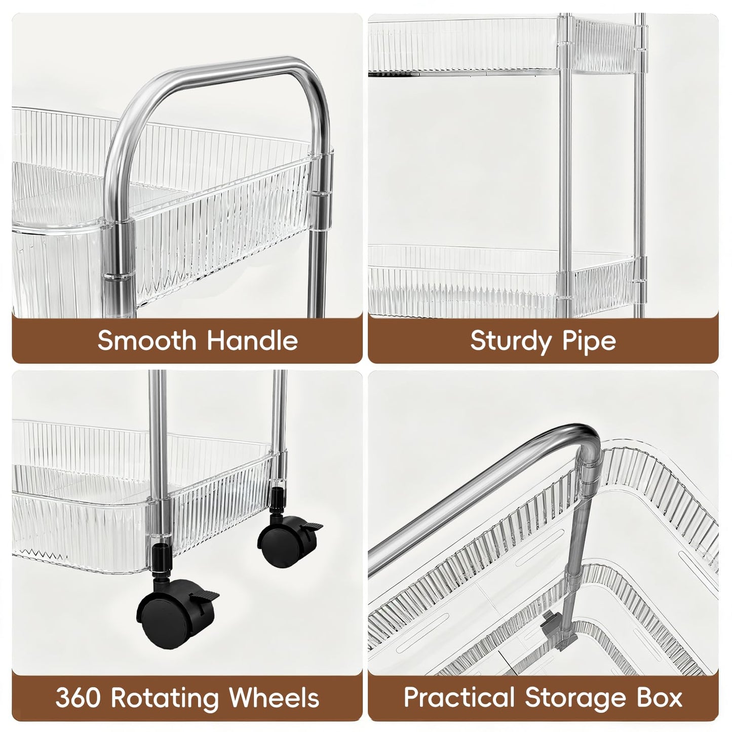 STARLATTA 3 Tier Rolling Cart with Lockable Wheels, Clear Acrylic Utility Trolley with Handle