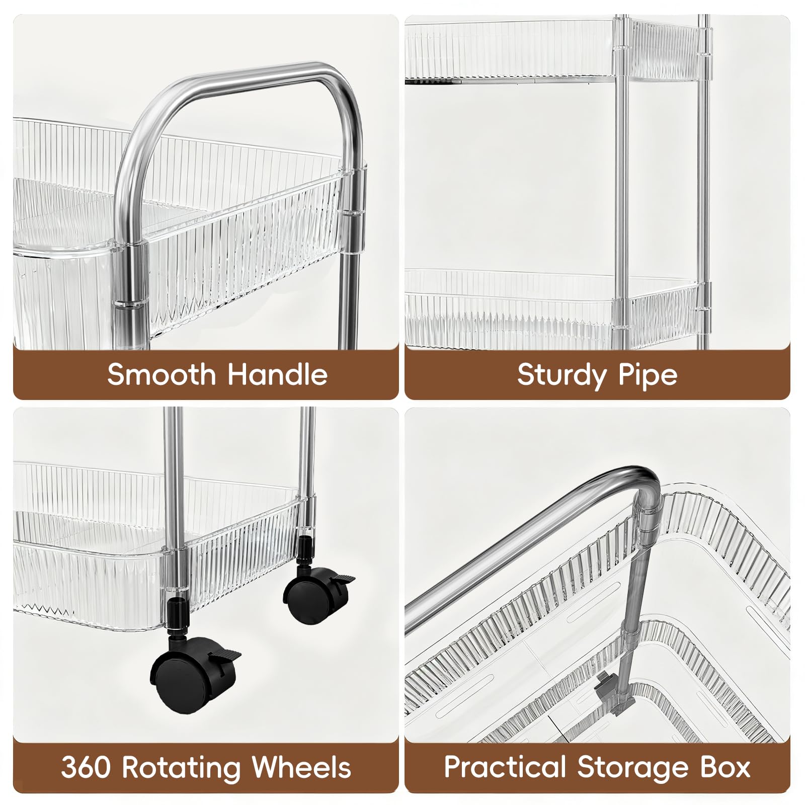 STARLATTA 3 Tier Rolling Cart with Lockable Wheels, Clear Acrylic Utility Trolley with Handle