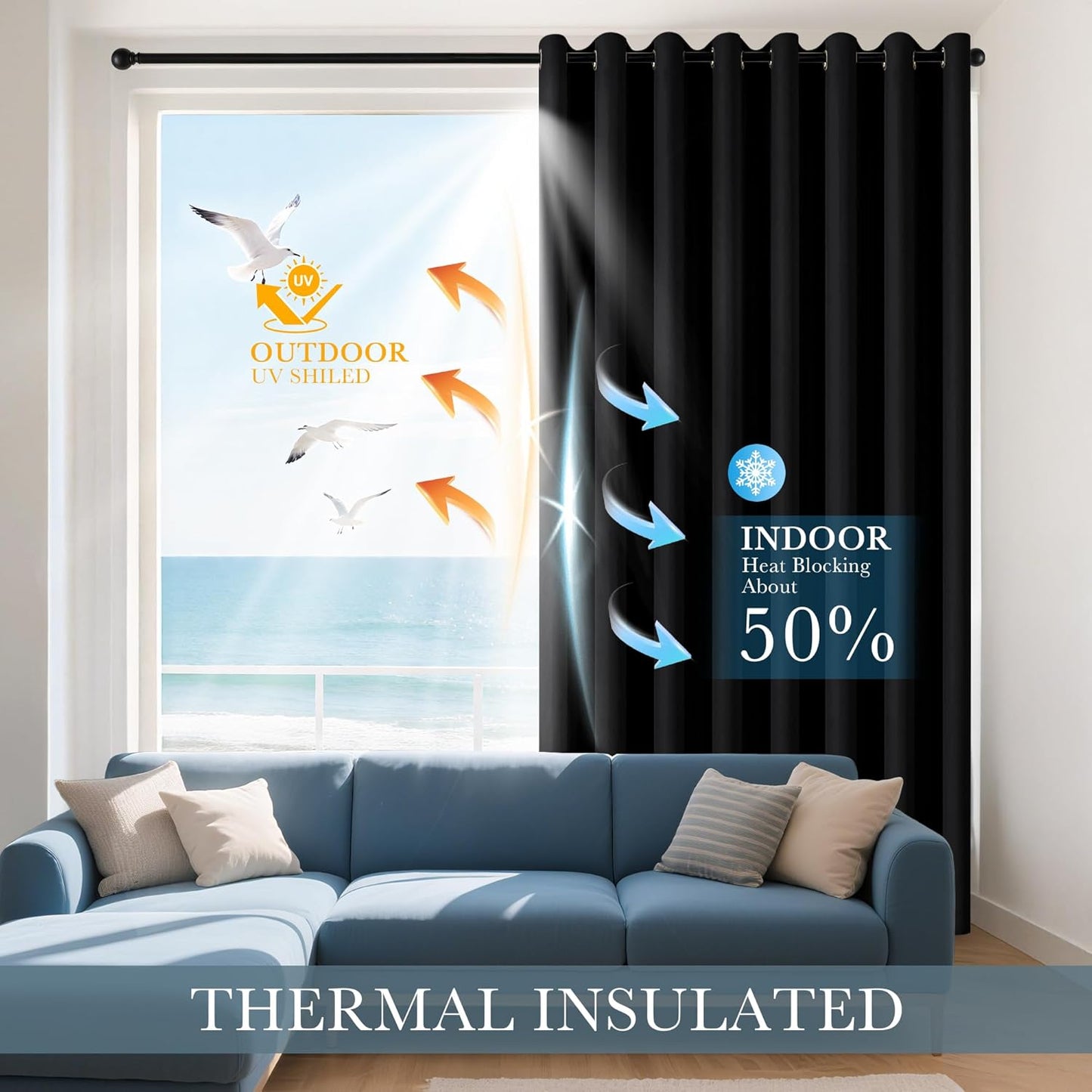 PONY DANCE Blackout Curtain Drapes - Window Treatments Solid Thermal Insulated Grommet Blackout Curtains for Bedroom Home & Kitchen Room Darkening Energy Saving, 42 W x 45 L, Black, Double Panels