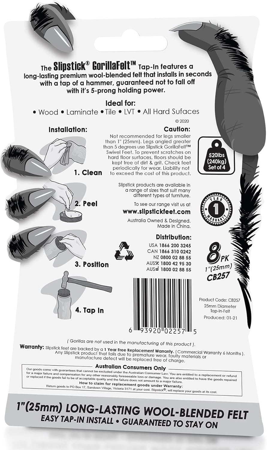 GorillaFelt CB257 Chair Leg Floor Protectors/Felt Glides (Set of 8) Tap On Felt Furniture Pads Guaranteed to Stay On, 1 Inch Round Sliders