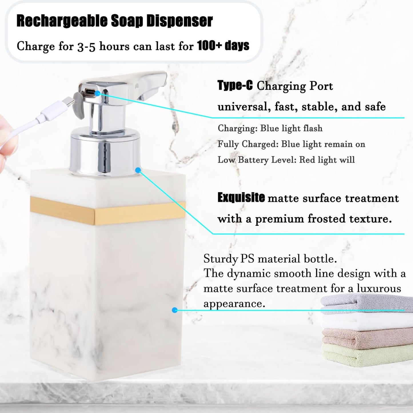 Automatic Foam Soap Dispenser, Touchless Bathroom Kitchen Dish Soap Dispenser with Adjustable Sensor, 7.6oz/225ml USB Rechargeable, Durable Design for Home Commercial Use (White & Gold)