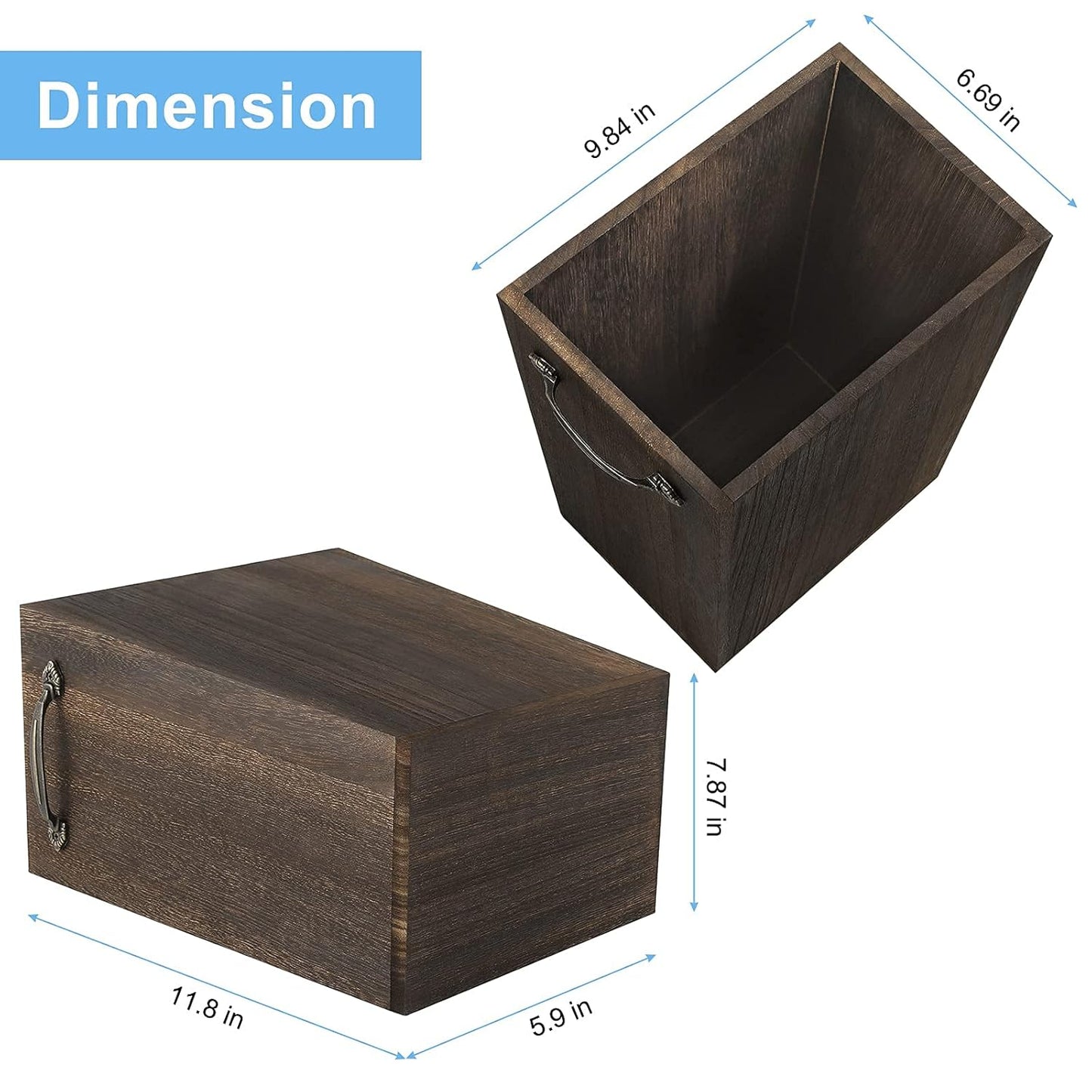 Trash Can Wastebasket Wood Garbage Container Bin with Built-in Double Metal Handles for Office, Bedroom, and Bathroom, Dark Brown