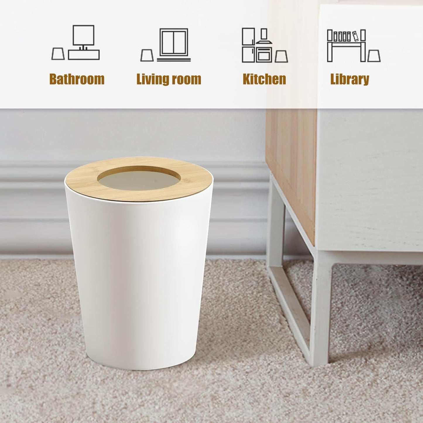 White Trash Can for Bedroom with Bamboo Lid, 2.4 Gallon Open Top Trash Can 2 Pack, Modern Aesthetic Garbage Can for Room Office Living Room, Small Bathroom Trash Bin Boho Style