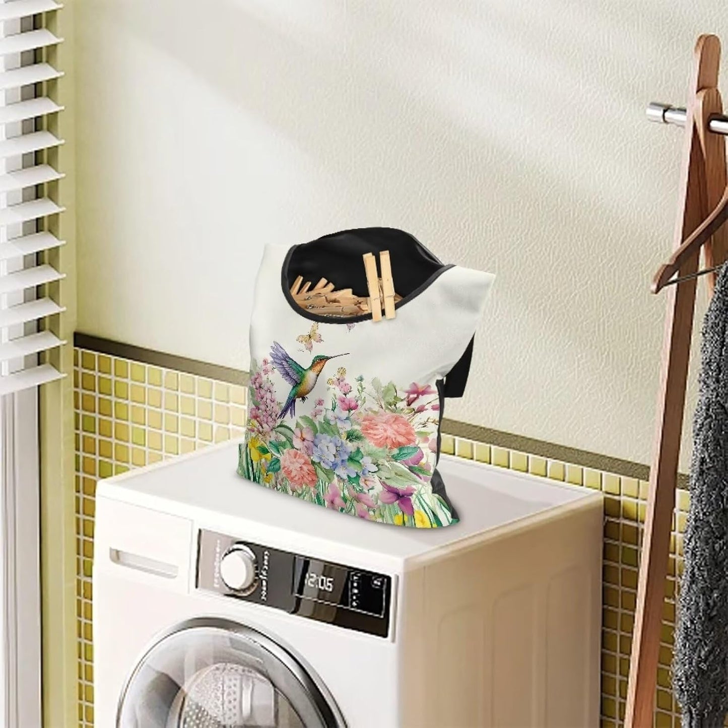 Hummingbird Handy Clothespin Bags Floral Space-Saving Clothespin Storage Hanger Bag, Hanging Storage Organizer with Hanging Rope for Home Outdoor Supply