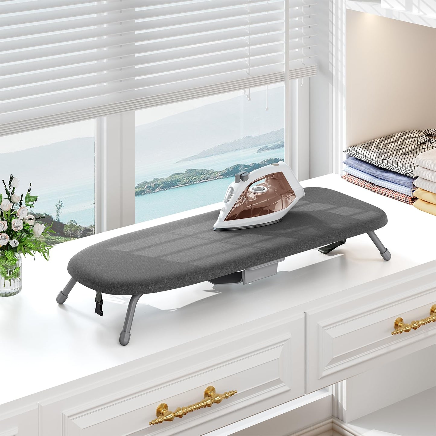 KINGBOARD Tabletop Ironing Board with Iron Holder, Thicken Pad 12x32 Black