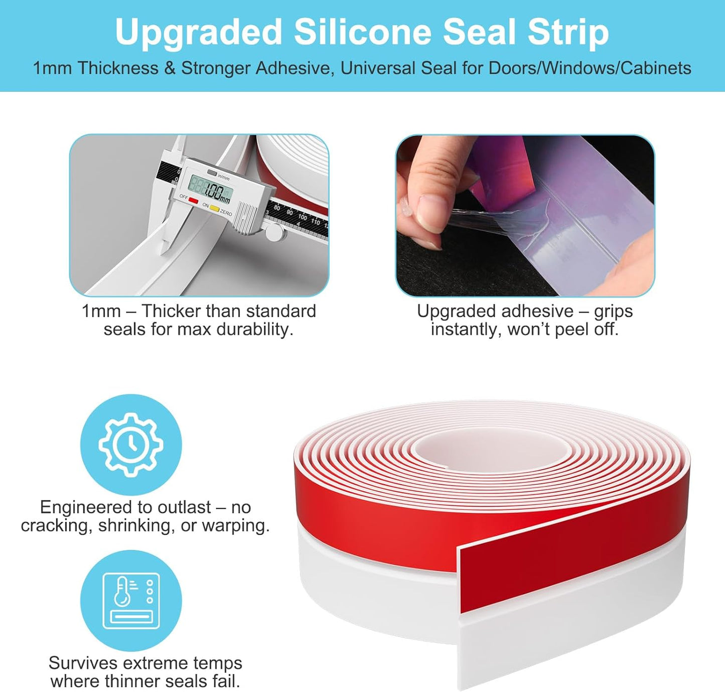 Heavy-Duty 20 ft x 1 in Weather Stripping, Door Draft Stopper Silicone Seal Strip for House and Glass Shower Doors for Collision and Side Gaps of Door and Windows, White