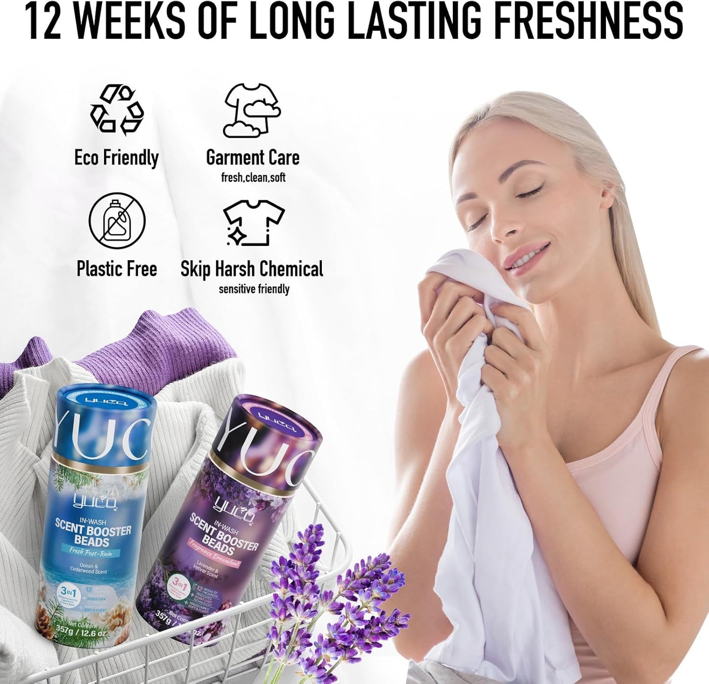 YUCO Scent Beads Laundry Natural,Ultra-Concentrated Two-Color Laundry Beads,Effective Fabric Deodorizer,Soften,Static Free,Microcapsule Tech Scent Lock Fresh Last 12Weeks(Lavender Amberwood,12.6OZ)