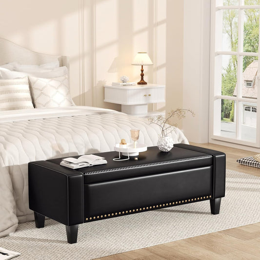 48.8" Storage Ottoman Bench Black | Faux Leather Bedroom Bench with Lift Top for Living Room & Bed