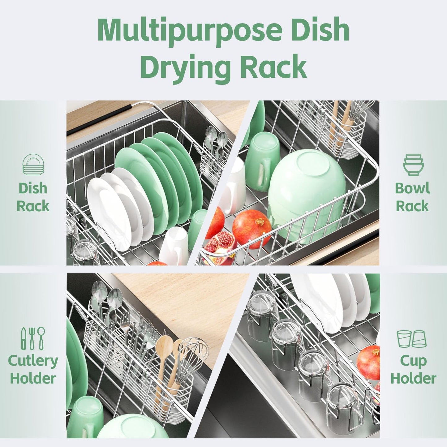 Dish Drying Rack in Sink, Extendable Stainless Steel Dish Drainers for Kitchen Counter, Anti-Rust Dish Dryer Rack with Utensil & Cup Holders, for Inside Sink, Over The Sink