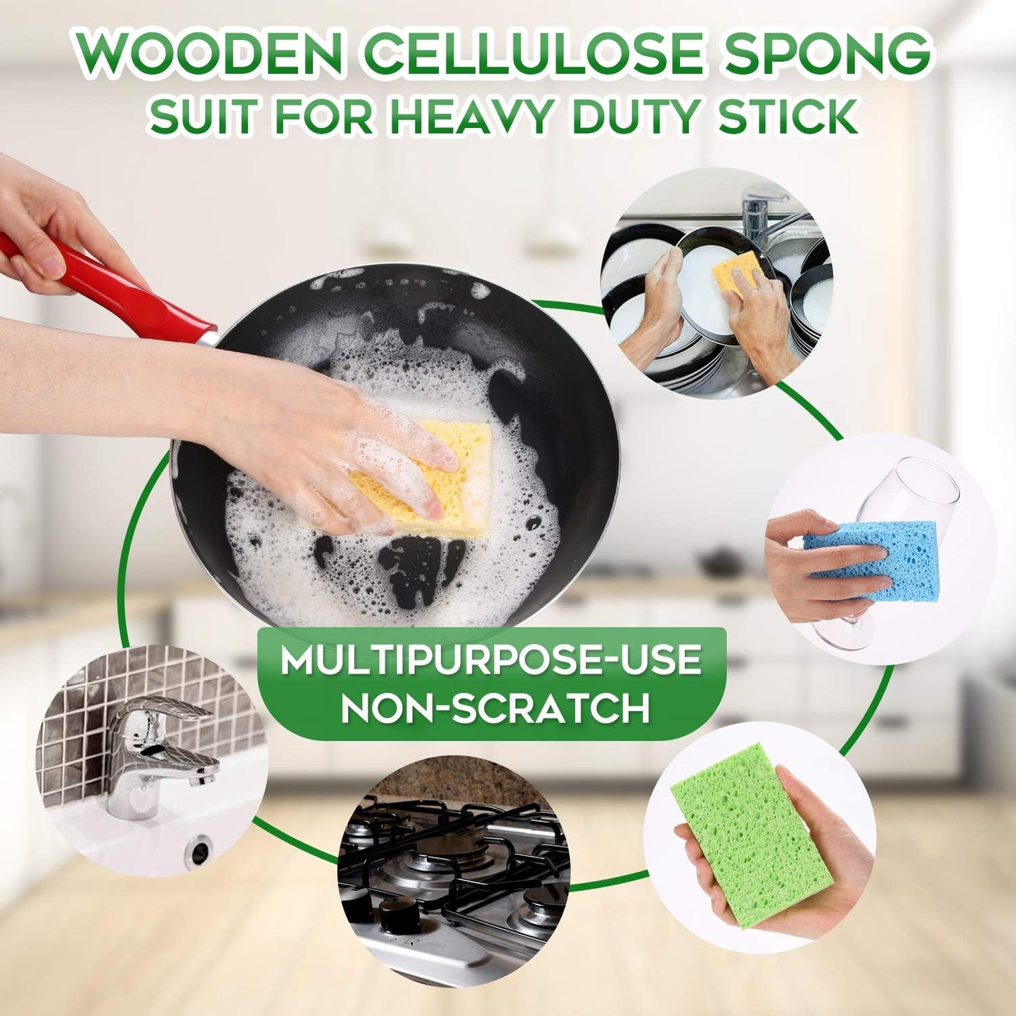 Cleaning Scrub Colored Sponge,Non-Scratch Kitchen Cellulose Dishwashing Sponge,16Pack Biodegradable Natural Sponge