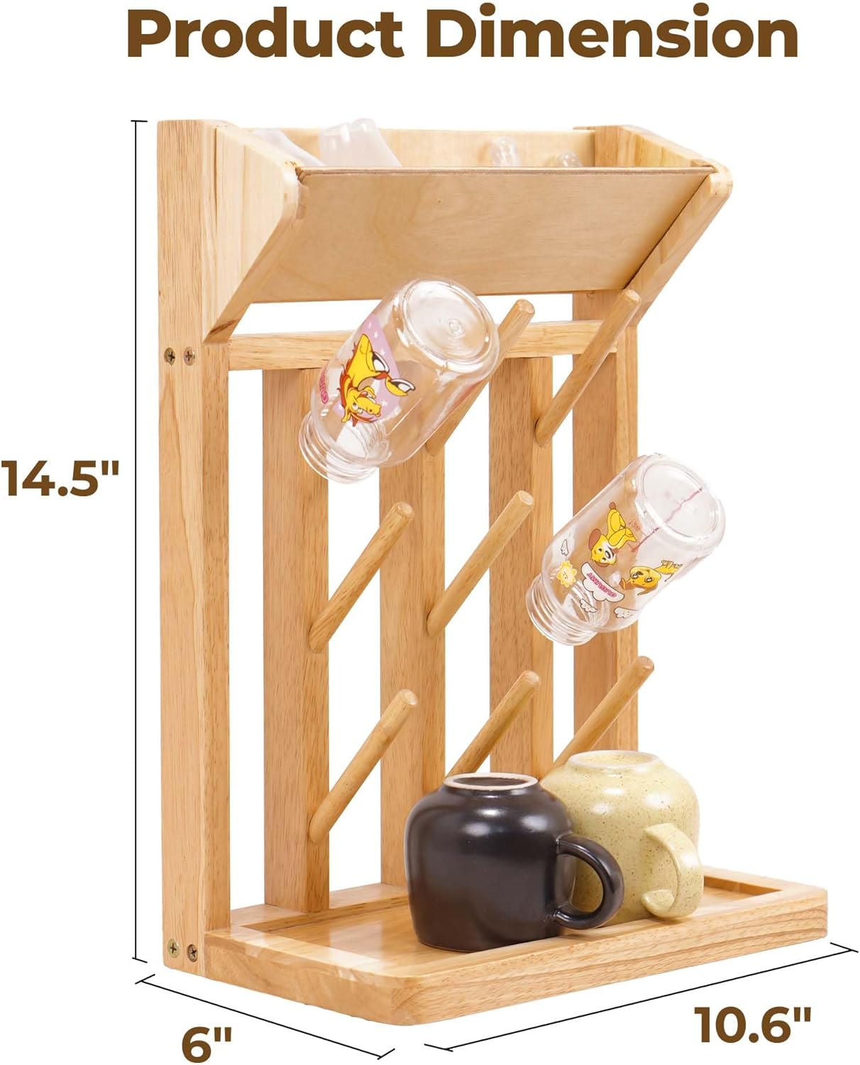 Natural Vertical Bottle Drying Rack Rubber Wood 9 Hooks, Use for Bottles, Cups, Mugs, Glasswine, Space Saving Storage Shelf Bottle Holder Dryer Kitchen