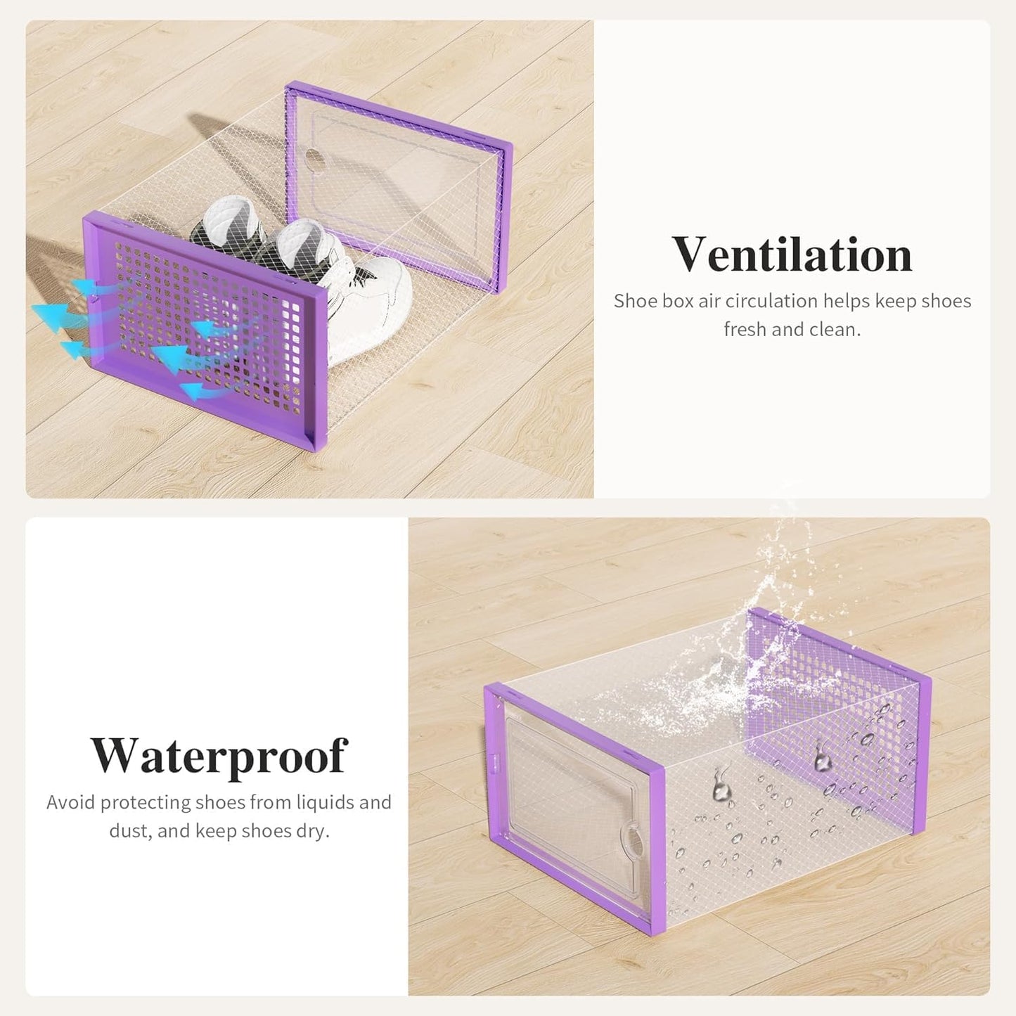 Kuject X-Large Shoe Storage Boxes Organizers Clear Plastic Stackable 12 Pack, Shoe Rack & Holder Substitute, Sneaker Containers, Toy Storage Organizer Bins for Entryway, Closet, Under Bed, Purple