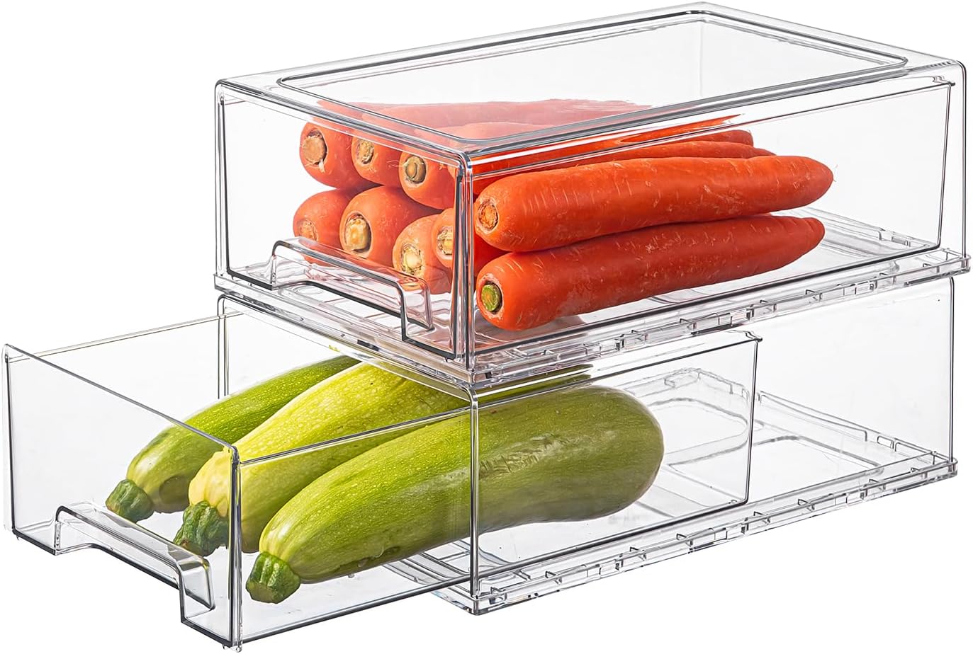 PeJeyiee 2 Pack Clear Stackable Refrigerator Organizers and Storage Drawers - Pull-Out Fridge Bins with Anti-Slip Base & Easy Clean, Plastic Organizers for Kitchen Pantry Cabinet Closet (Large)