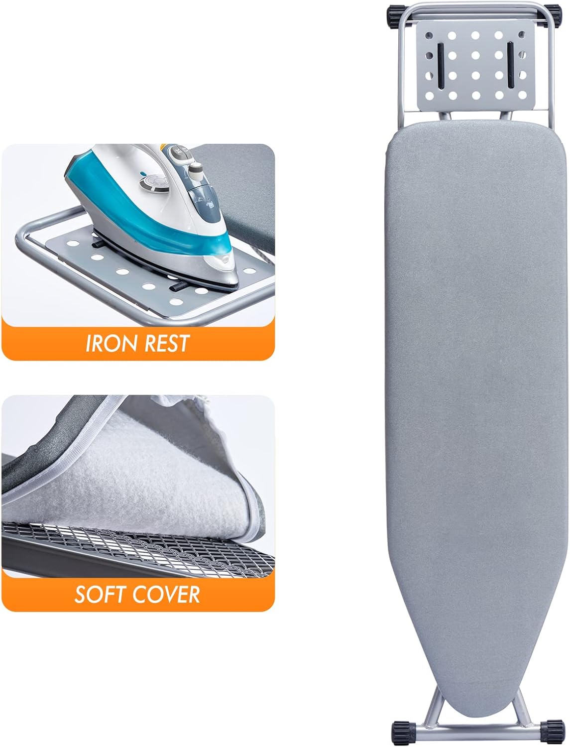 Ironing Board, Heat Resistant Cover Iron Board with Steam Rest, Non-Slip Foldable Ironing Stand. Heavy Sturdy Metal Frame Legs Iron Stand(13 * 34 * 53 Inches) (Silver Gray)