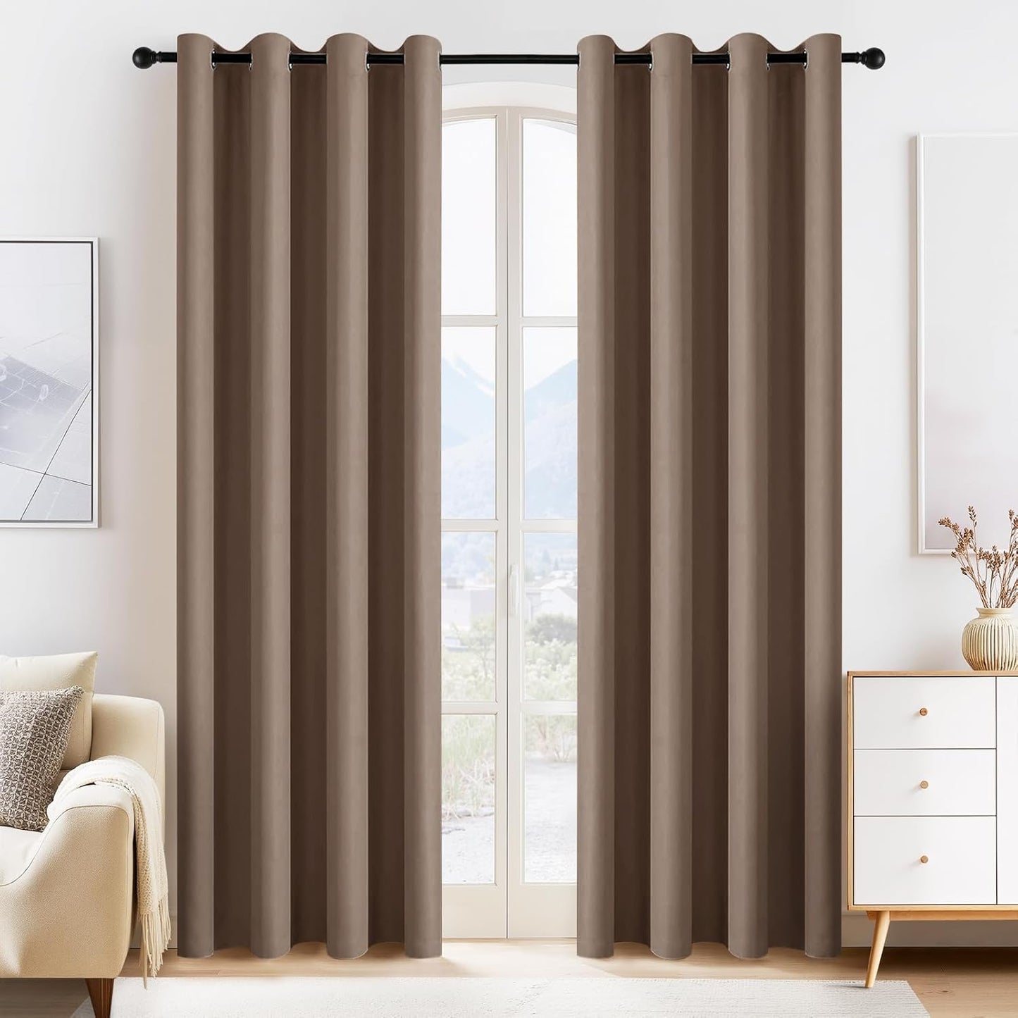 PONY DANCE Window Curtain Panels - Grommets Top Thermal Insulated Light Blocking Curtain Covers for Bedroom Dining Room/Sliding Door and Closet, 55 Width by 80 Inches Length, Mocha, Pack-2